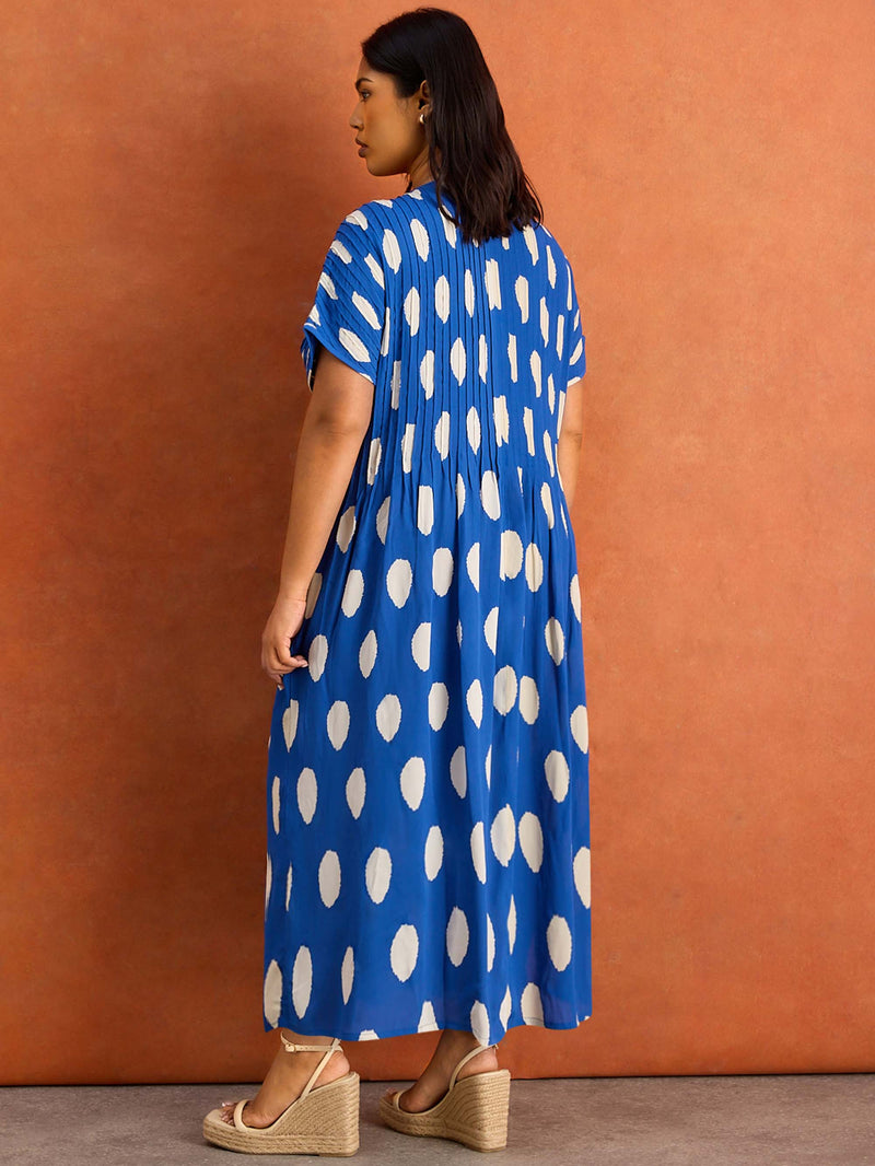 Blue Spot Print Pleated Midi Dress Curve Plus