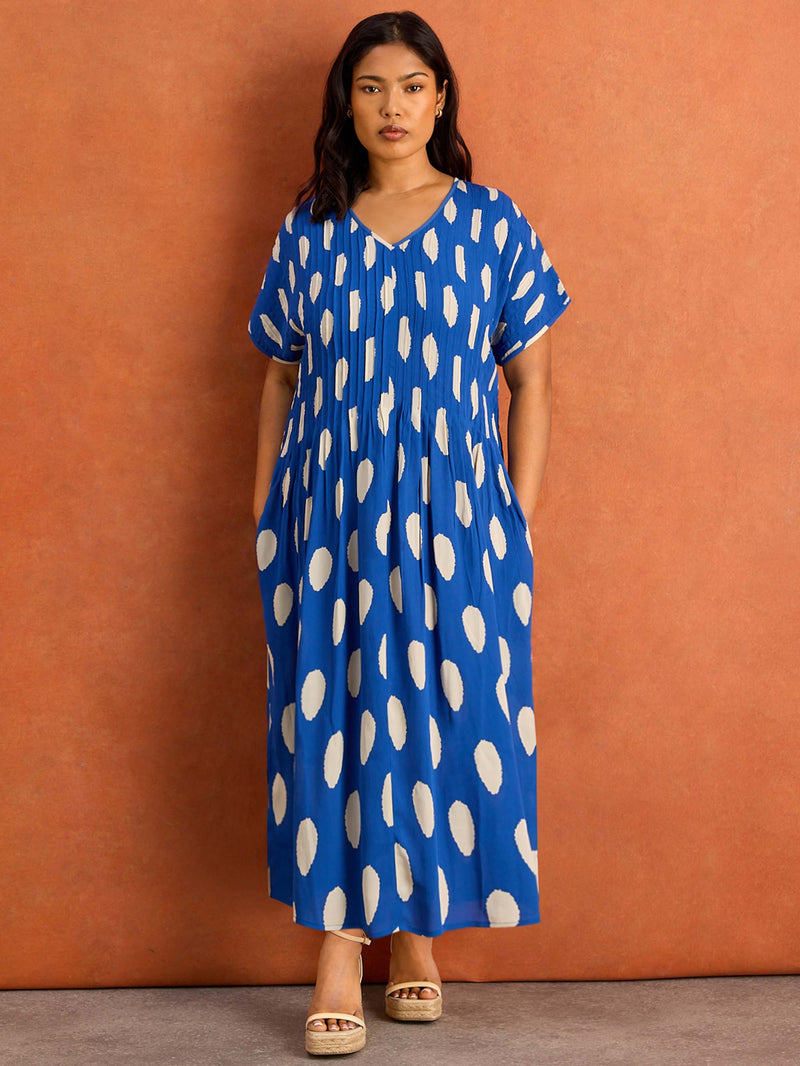Blue Spot Print Pleated Midi Dress Curve Plus