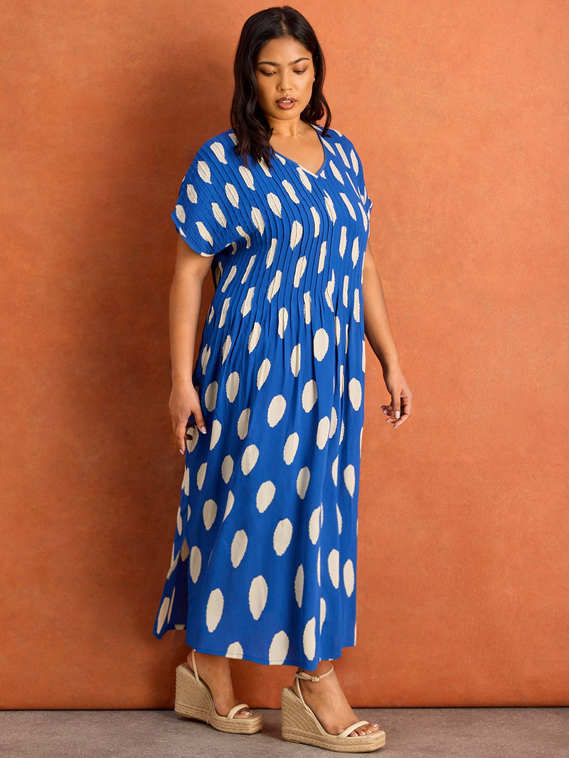 Blue Spot Print Pleated Midi Dress Curve Plus