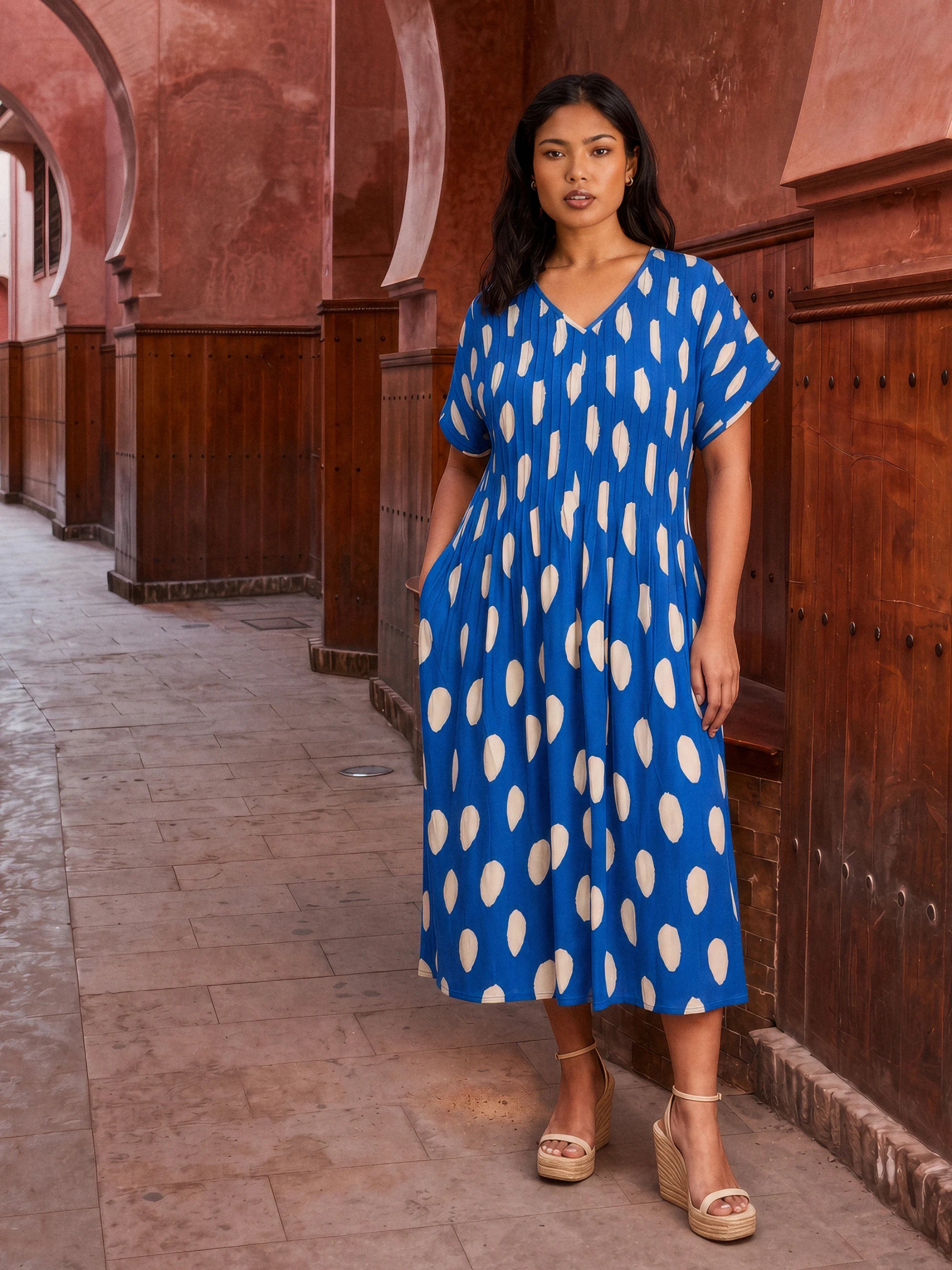 Blue Spot Print Pleated Midi Dress