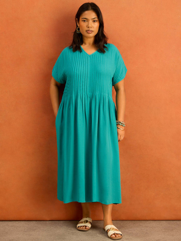 Petite Teal Pleated Midi Dress