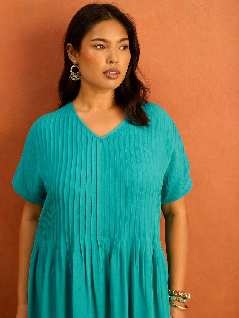Teal Pleated Midi Dress