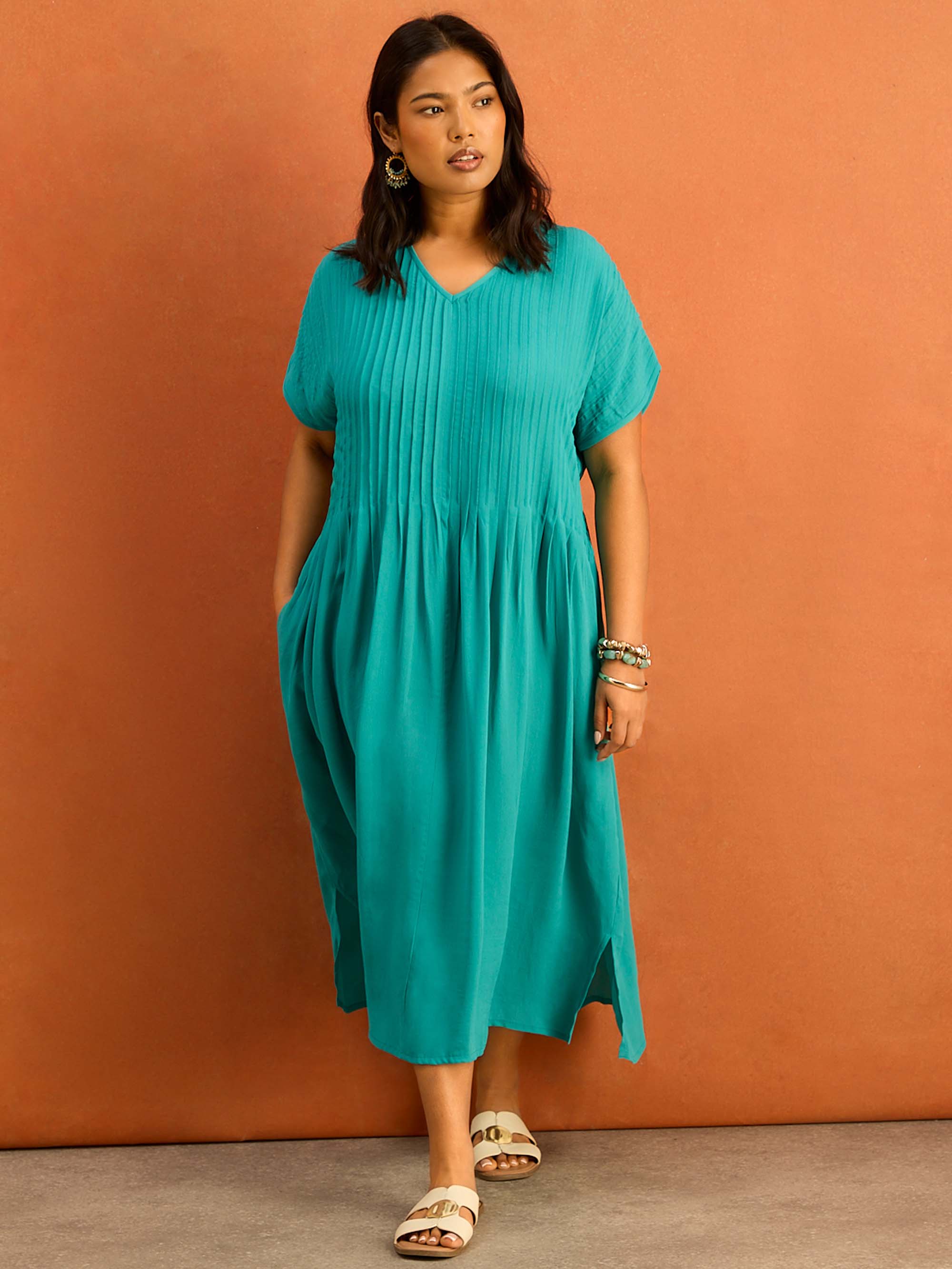 Petite Teal Pleated Midi Dress