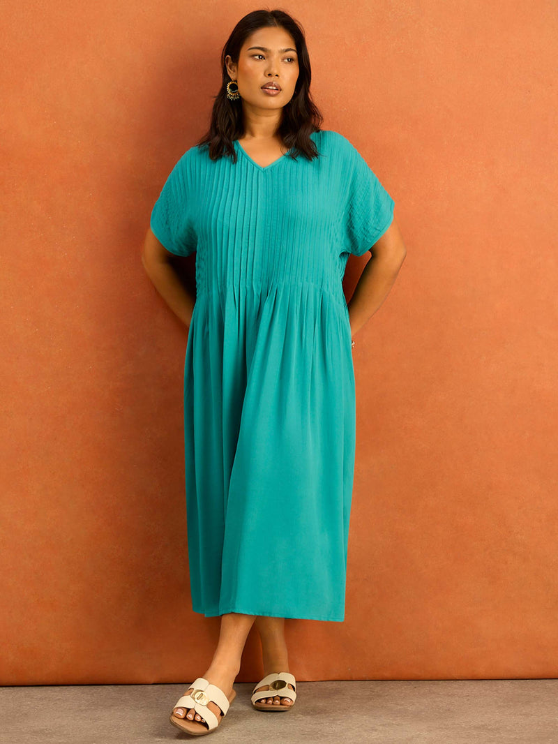 Petite Teal Pleated Midi Dress