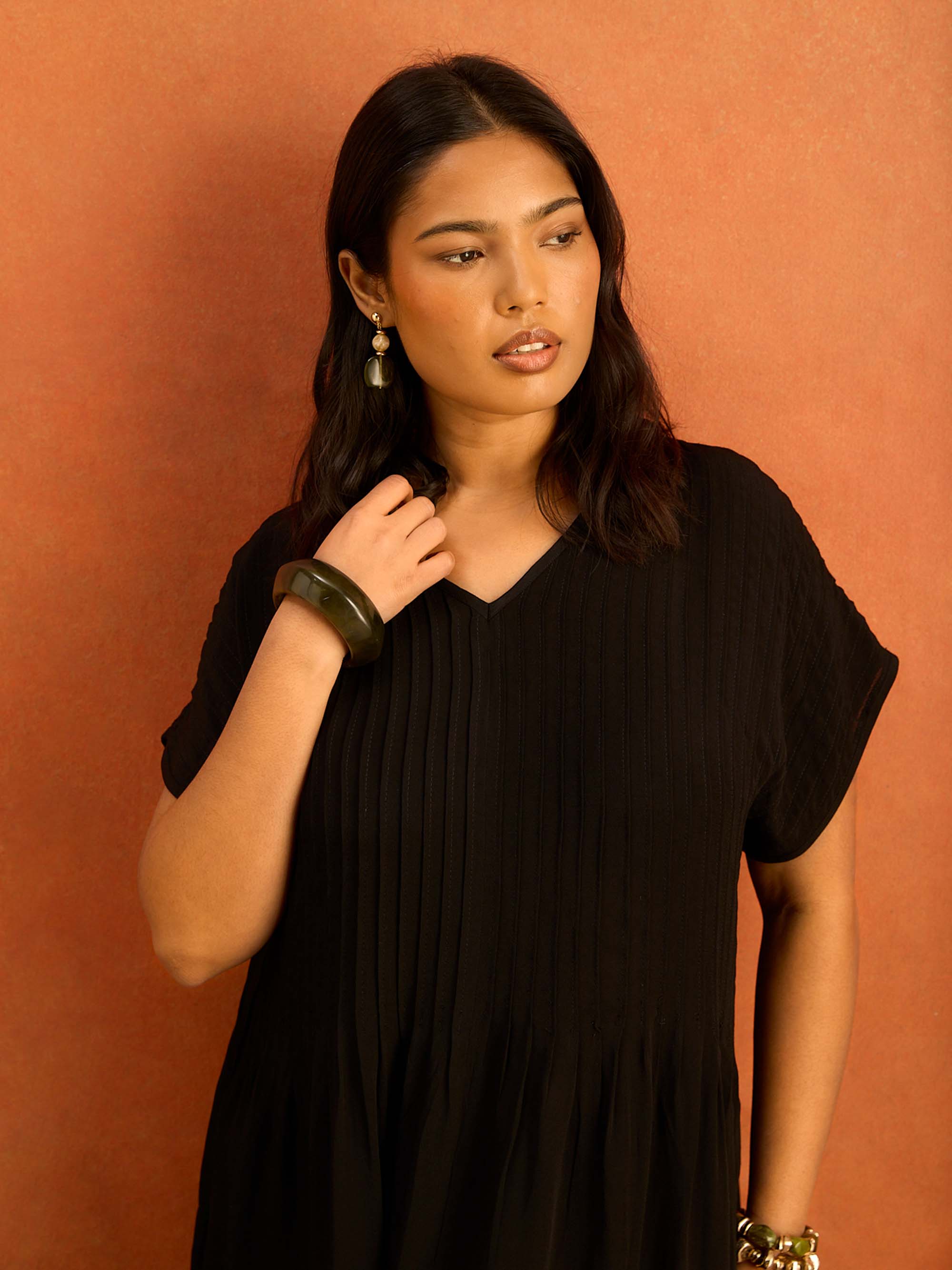 Black Pleated Midi Dress Plus Size Curve