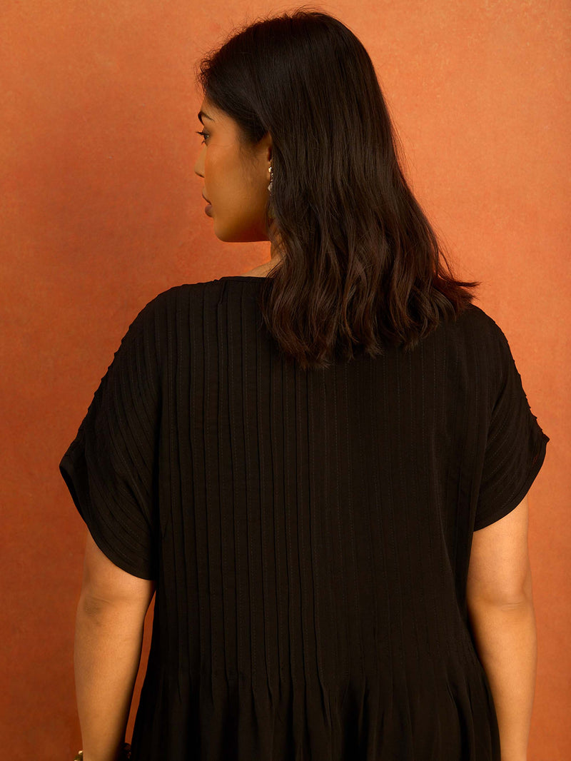 Black Pleated Midi Dress Plus Size Curve