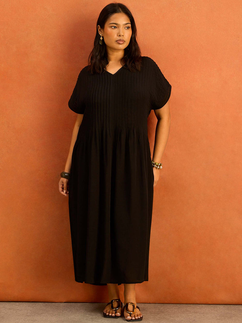 Black Pleated Midi Dress Plus Size Curve