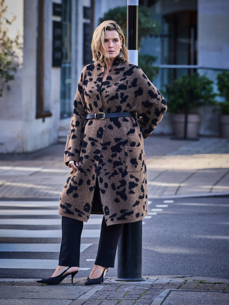 Brown Animal Print Coatigan With Patch Pockets And Alpaca