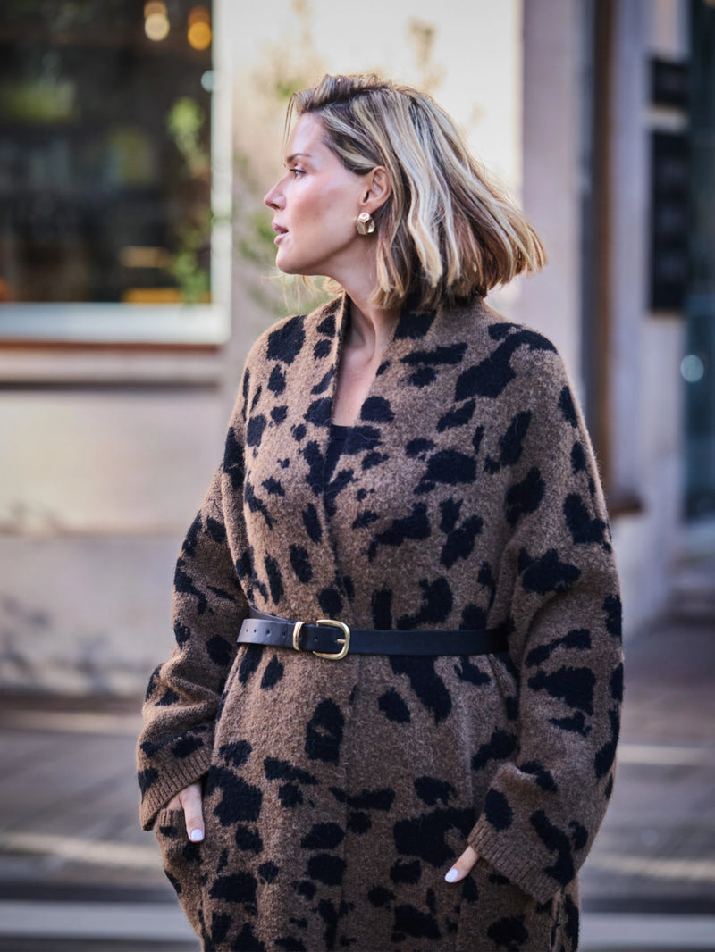 Brown Animal Print Coatigan With Patch Pockets And Alpaca