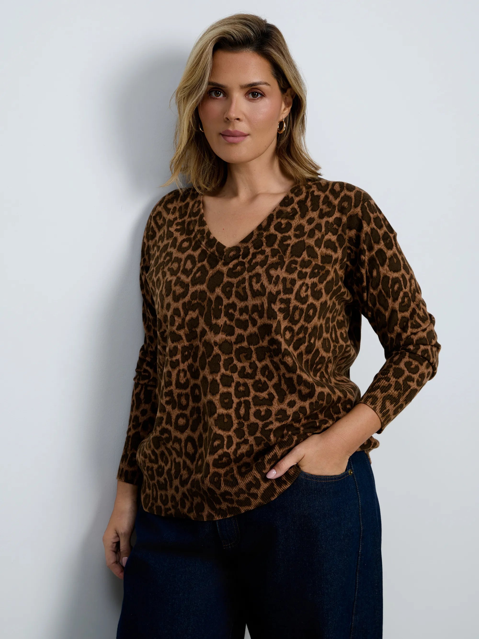 Chocolate Leopard Print V-Neck Knit Jumper