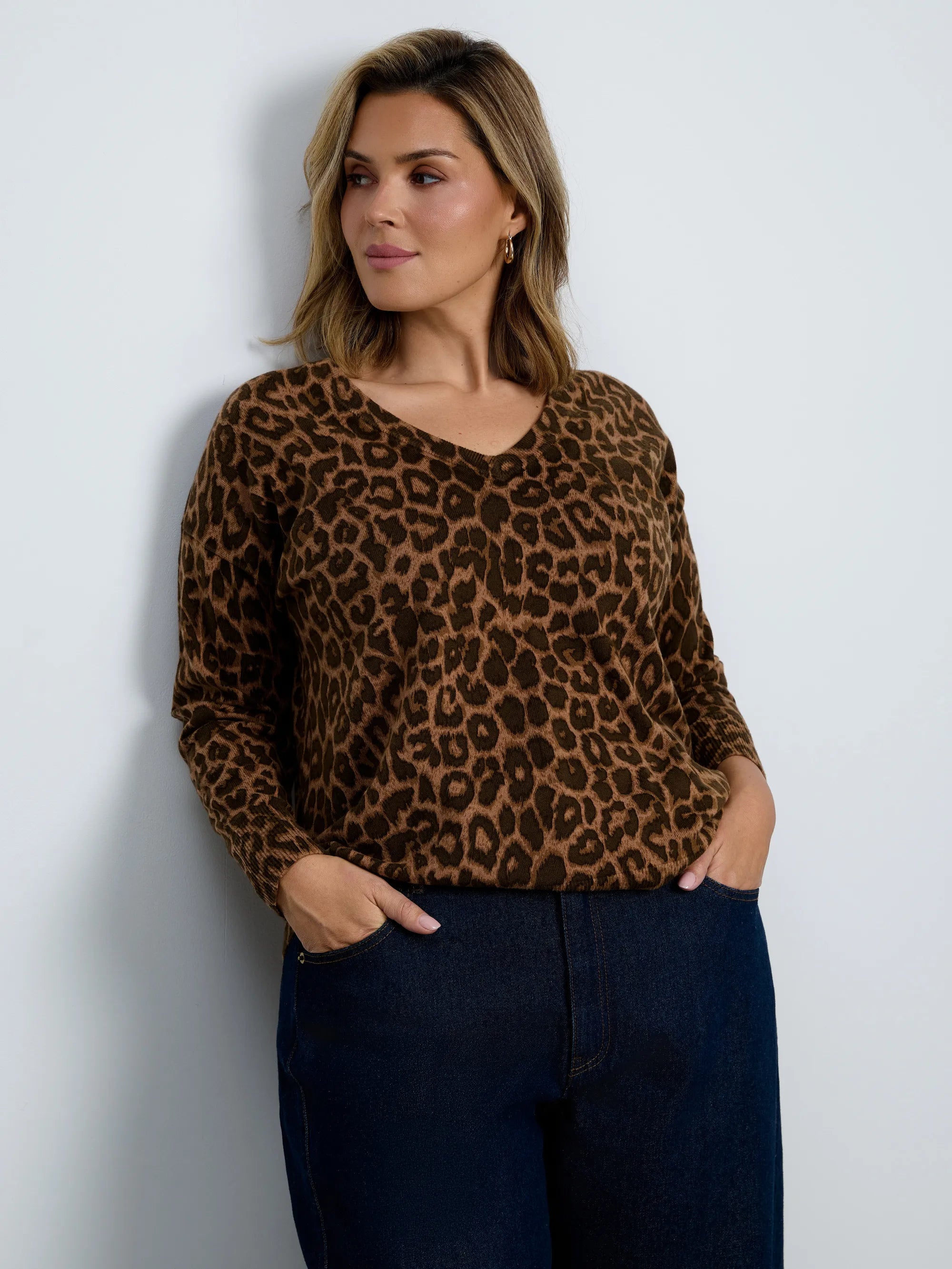 Chocolate Leopard Print V-Neck Knit Jumper