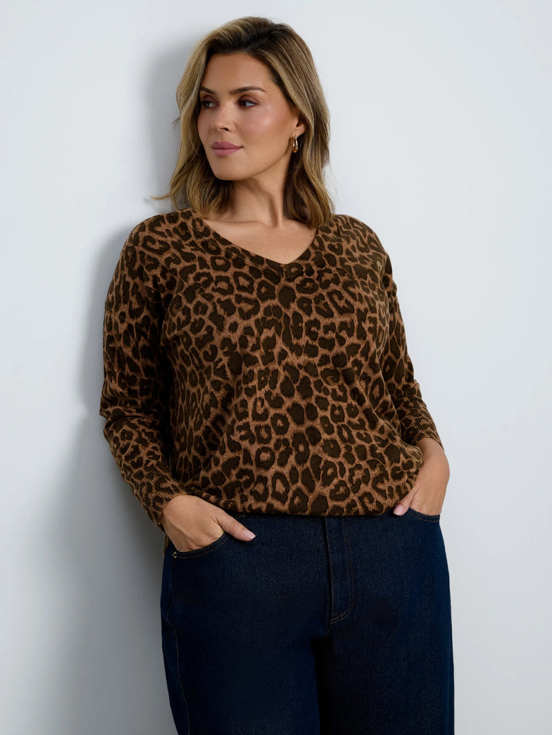 Chocolate Leopard Print V-Neck Knit Jumper