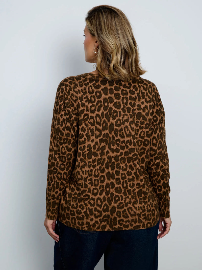 Chocolate Leopard Print V-Neck Knit Jumper