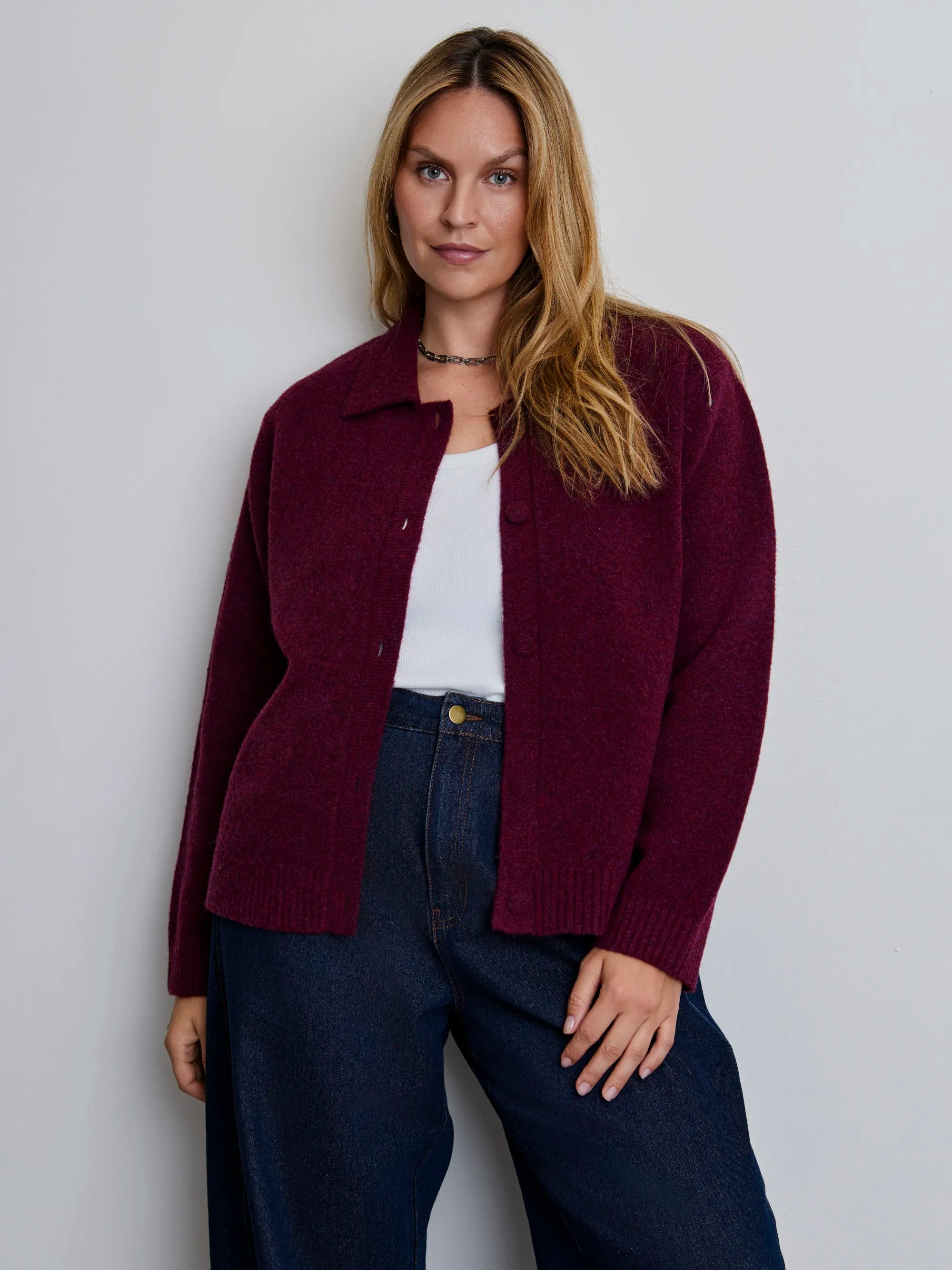 Plus size burgundy polo cardigan