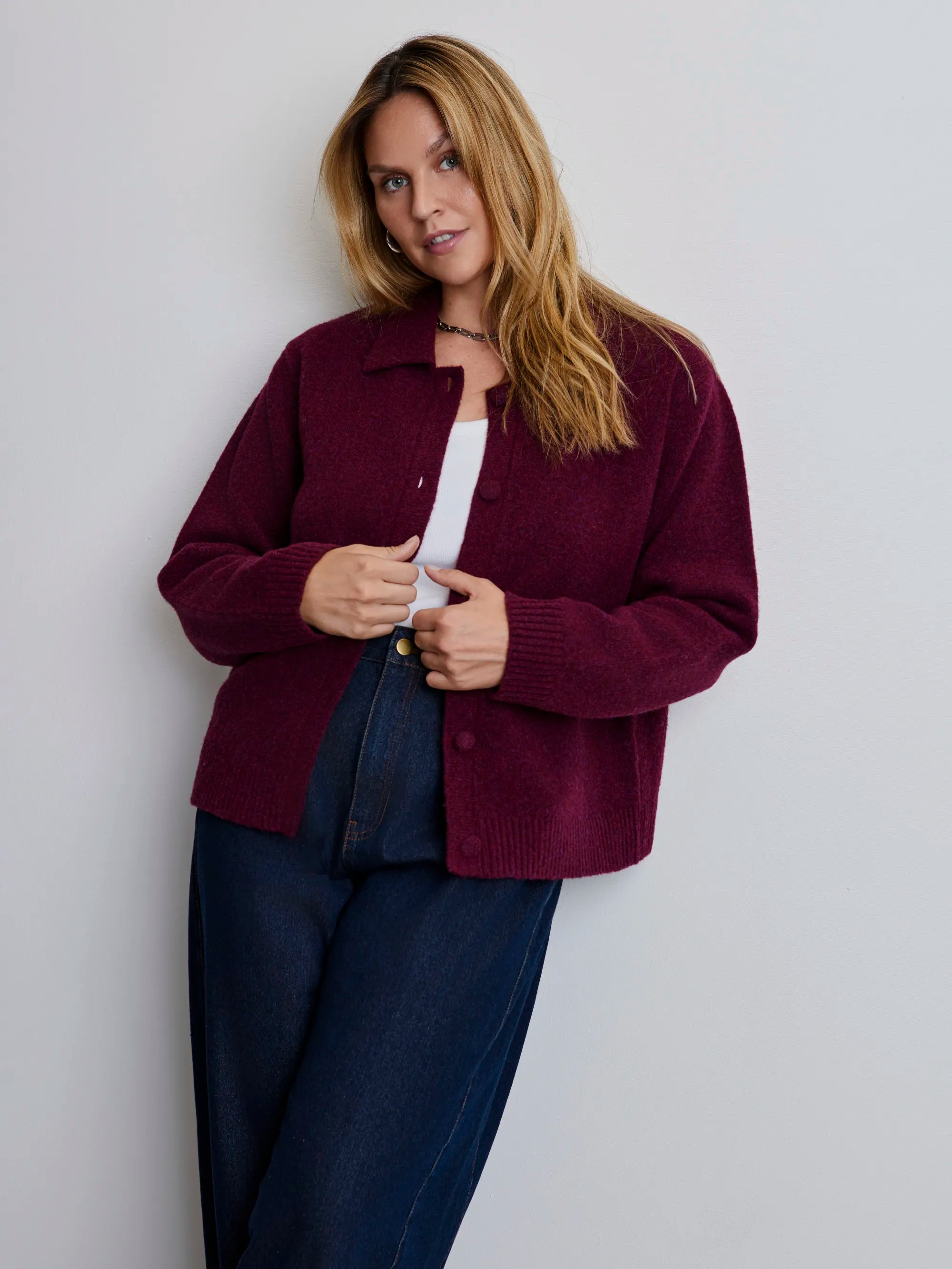 Plus size burgundy polo cardigan