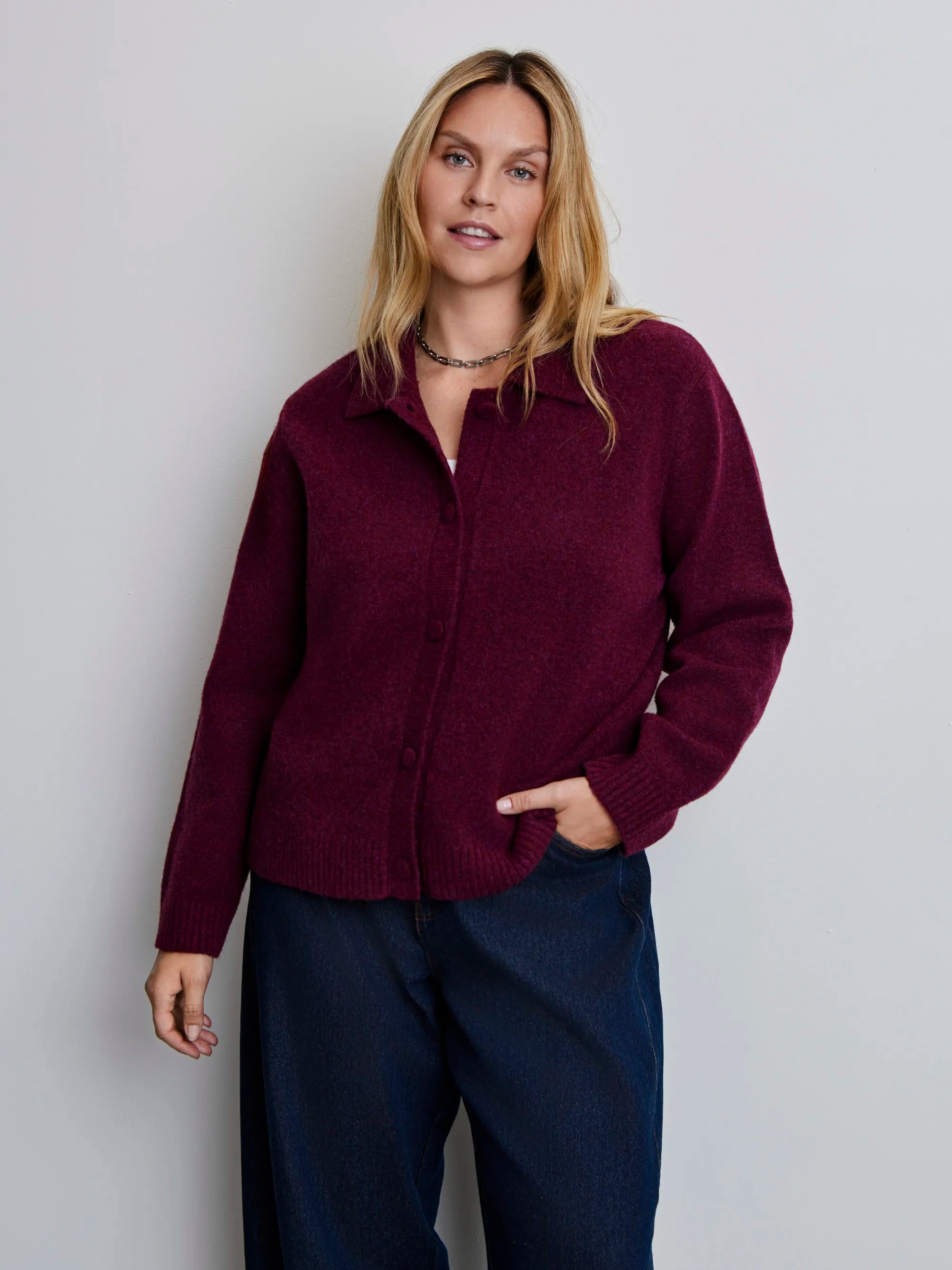 Plus size burgundy polo cardigan