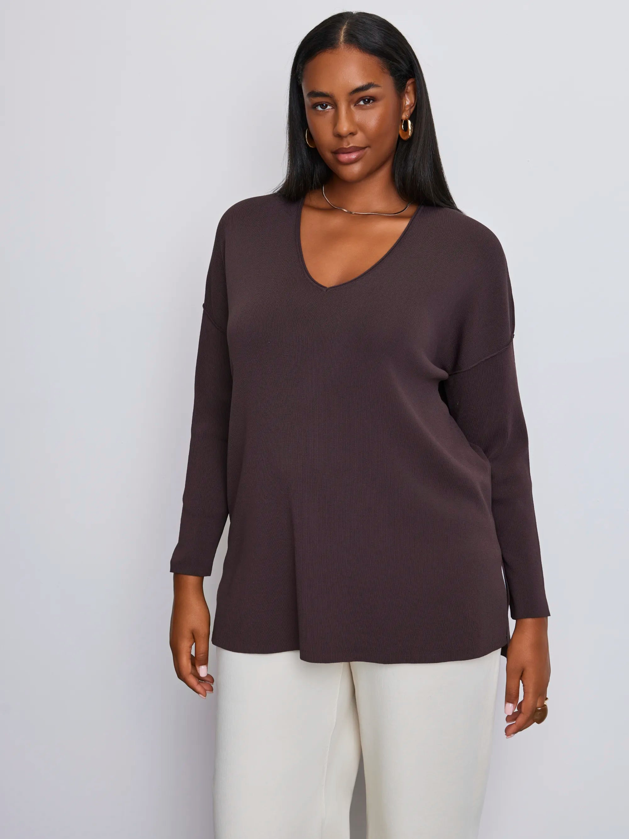 Plus size brown V-neck jumper