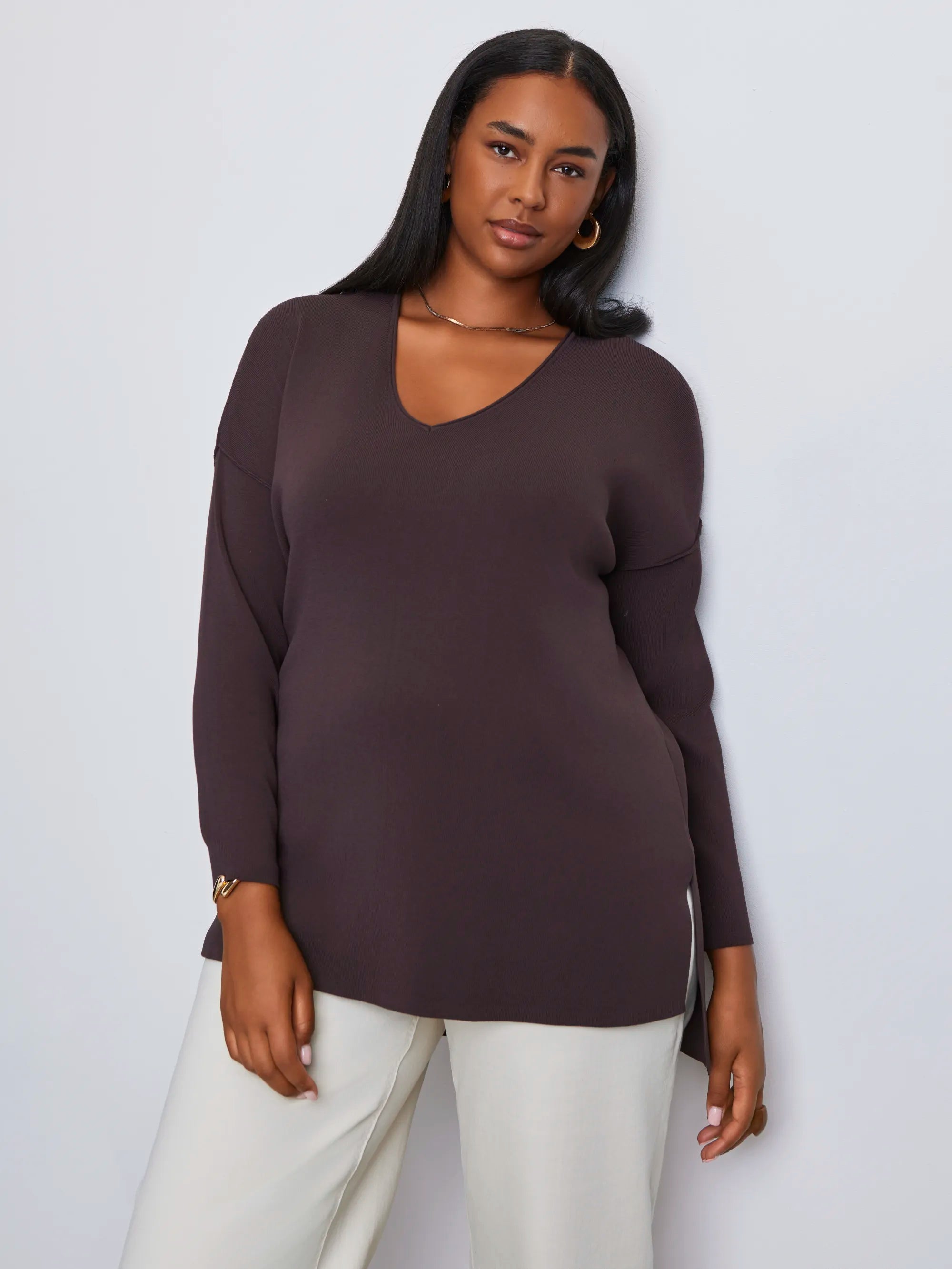 Plus size brown V-neck jumper
