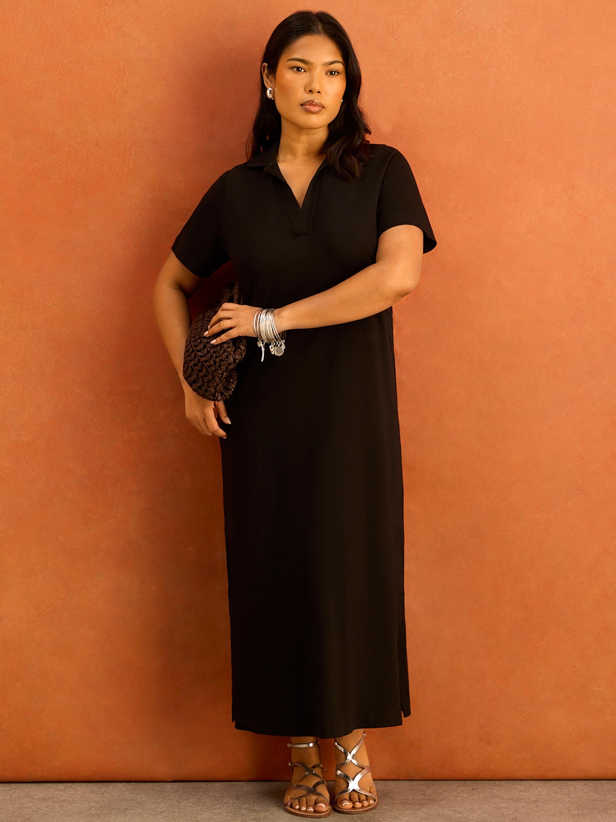 Black Collar Neck Jersey Midi Dress