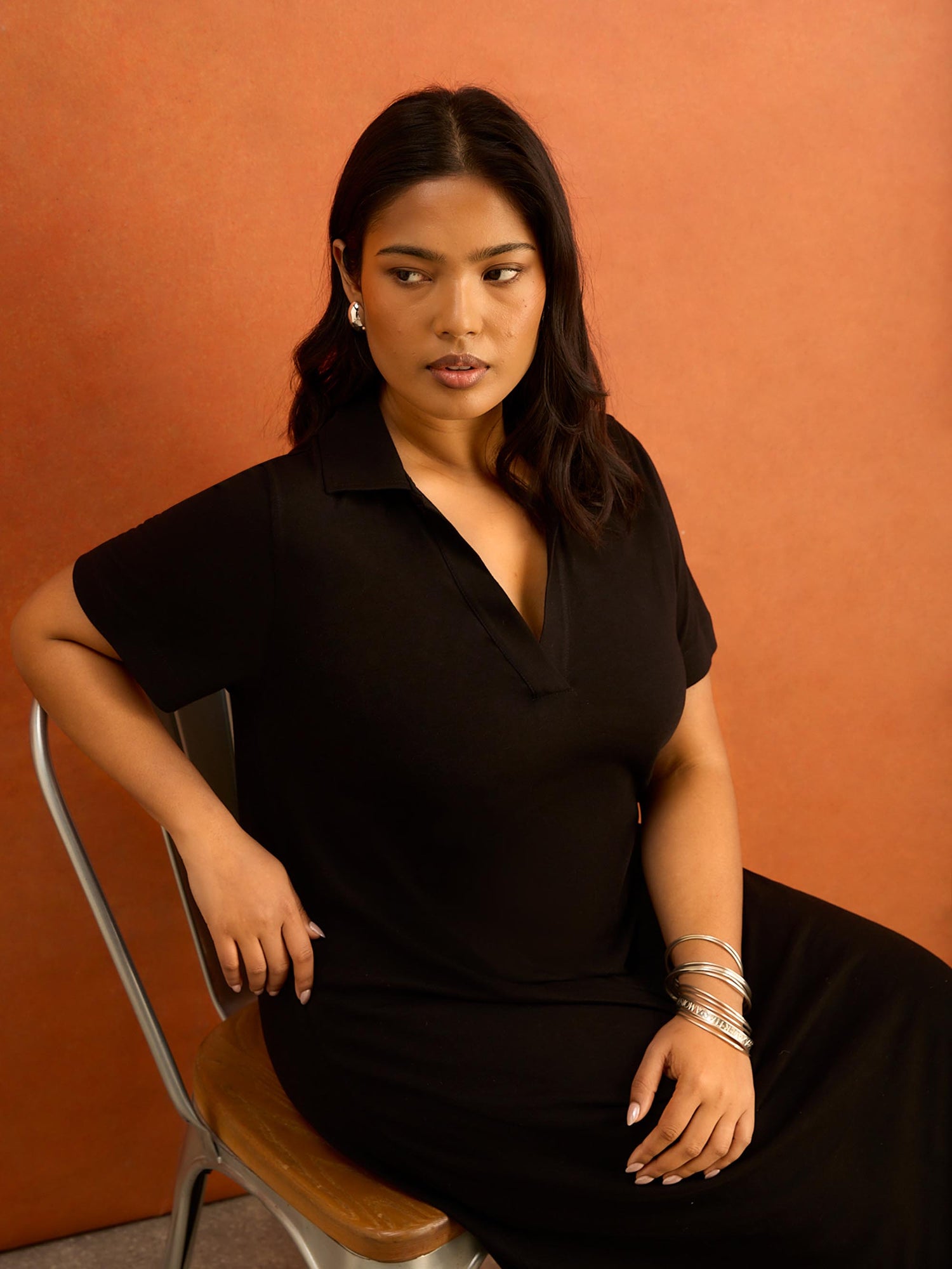 Black Slub Jersey Polo Collared Midi Dress