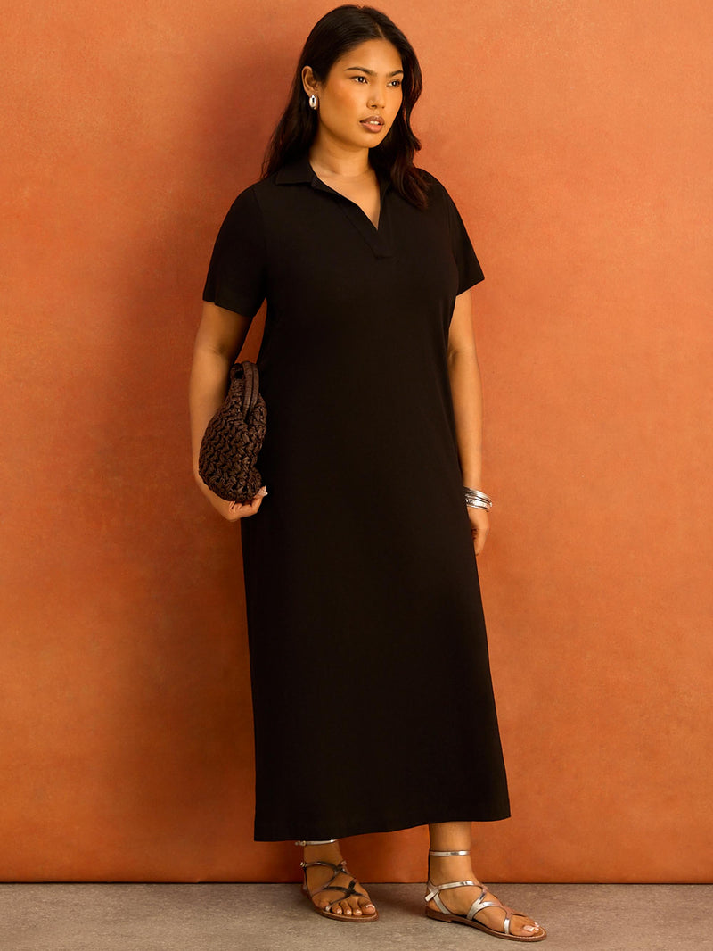 Black Collar Neck Jersey Midi Dress