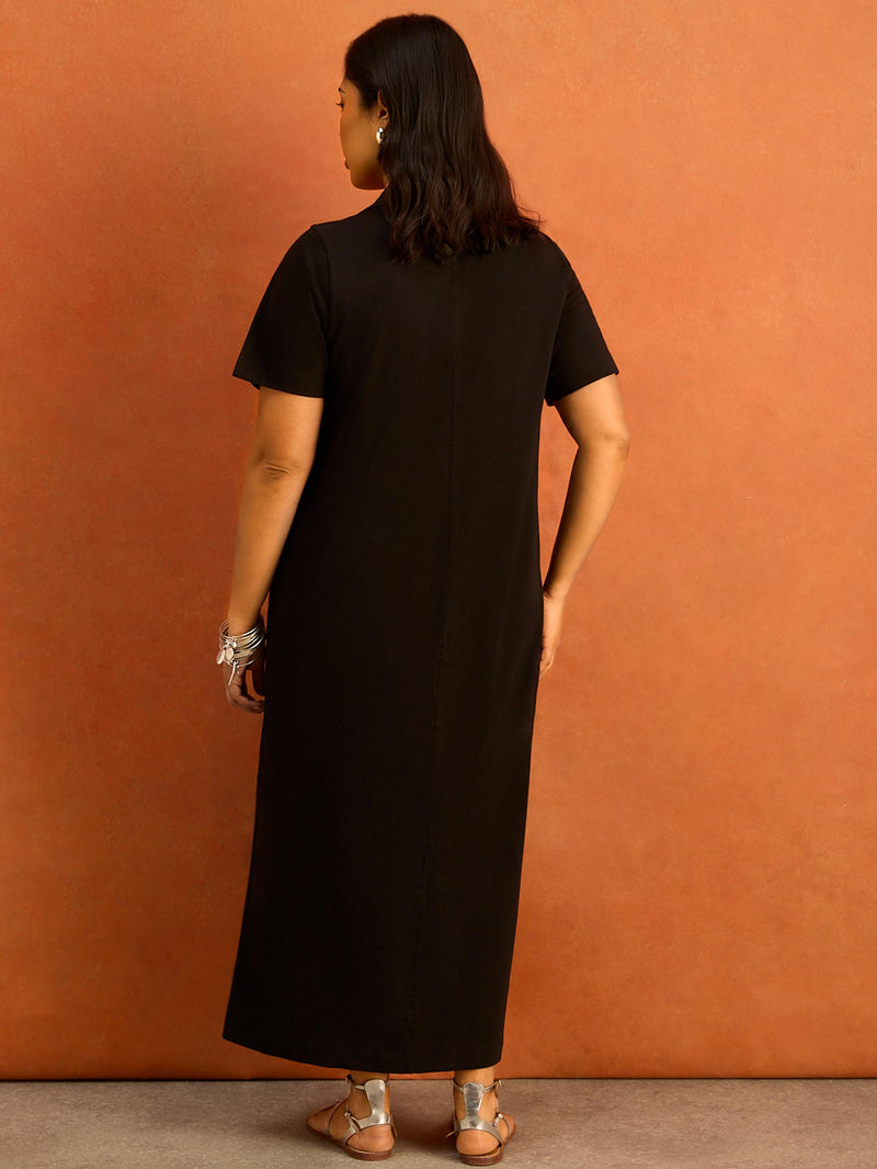 Black Collar Neck Jersey Midi Dress