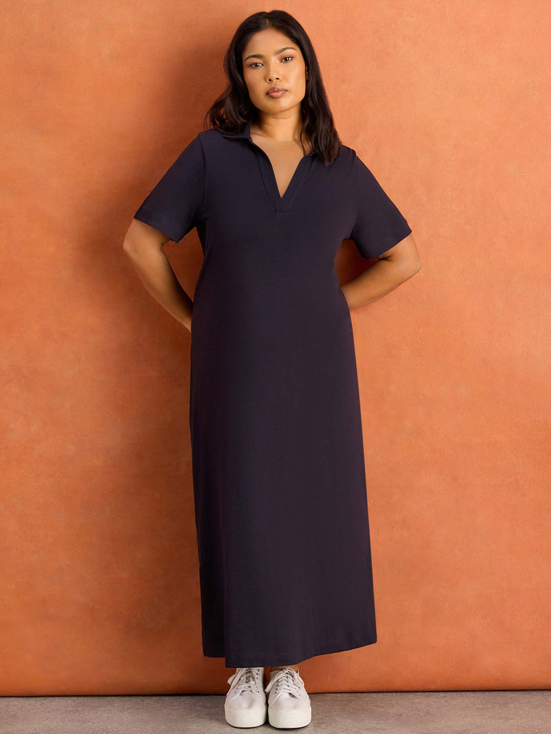 Navy Collar Neck Jersey Midi Dress Plus Size Curve