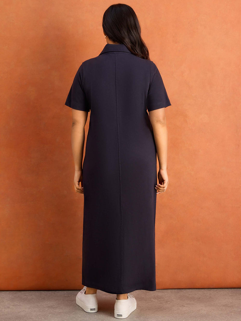 Navy Collar Neck Jersey Midi Dress Plus Size Curve