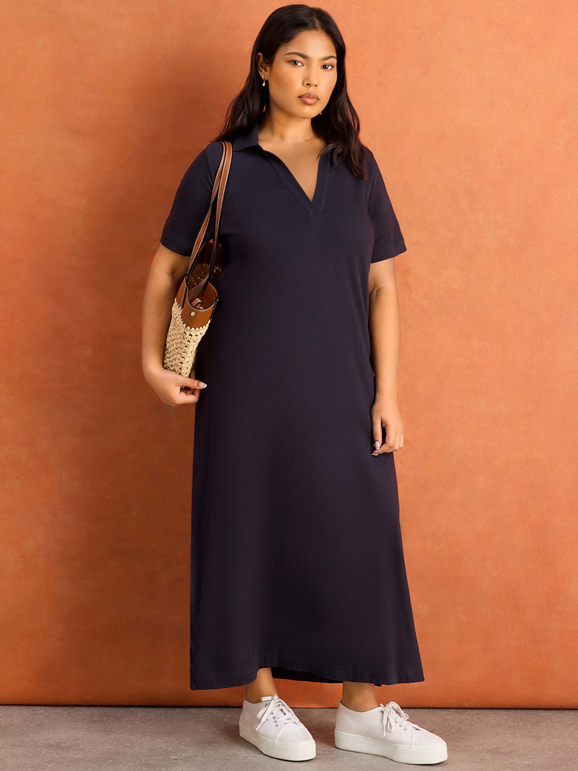 Navy Collar Neck Jersey Midi Dress Plus Size Curve