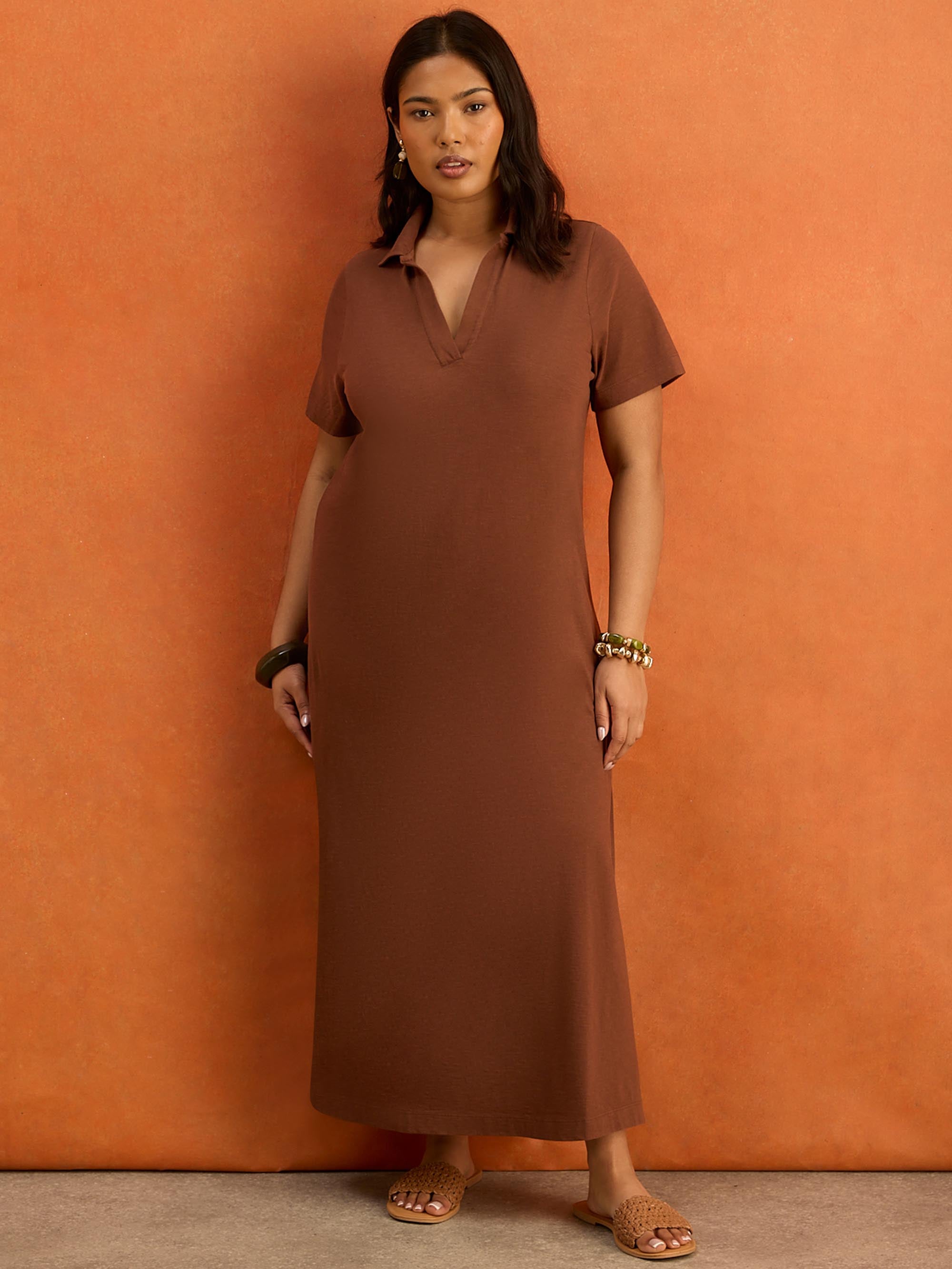 Brown Collar Neck Jersey Midi Dress
