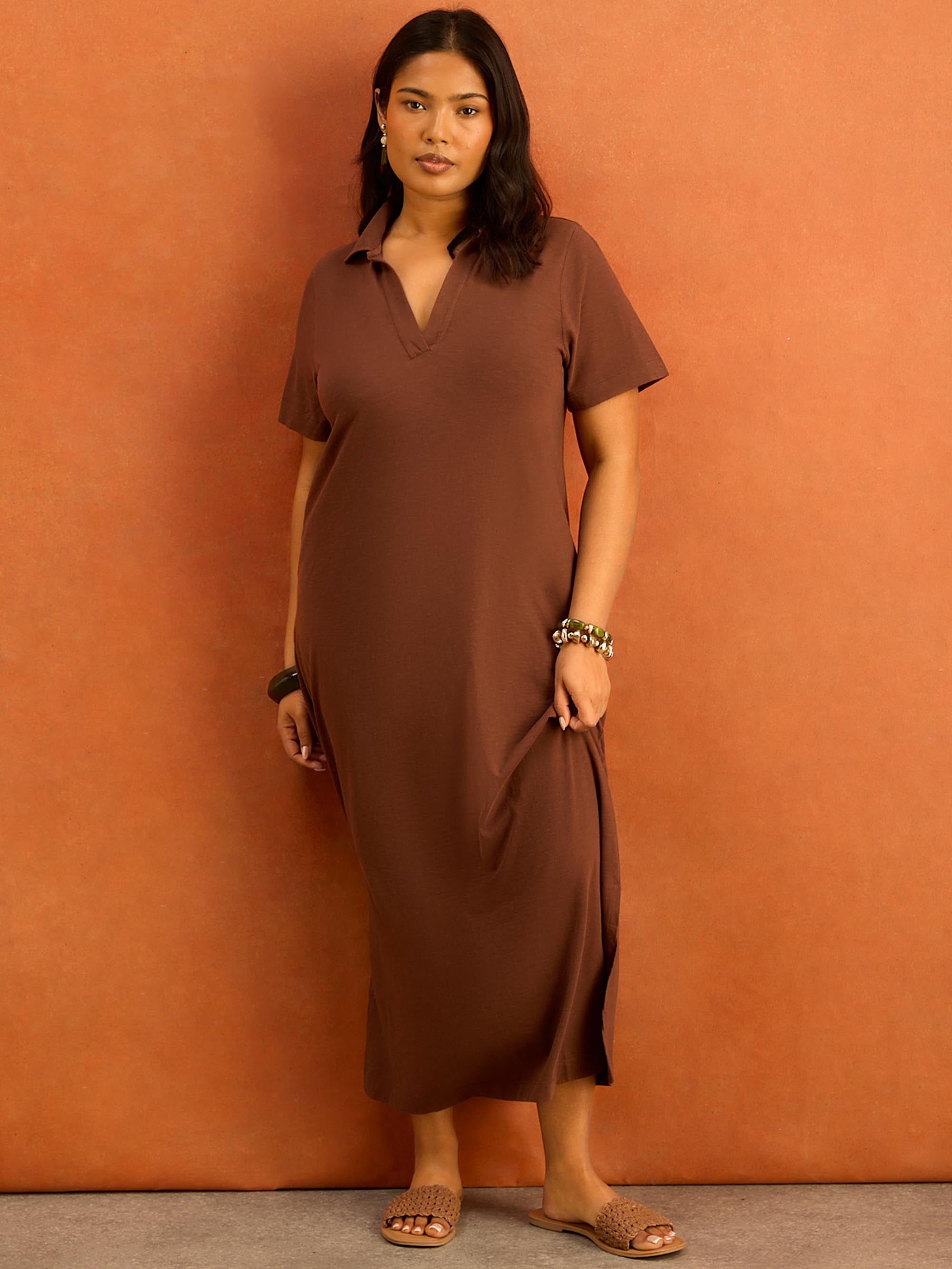 Brown Collar Neck Jersey Midi Dress