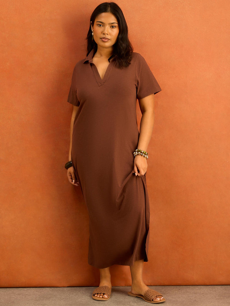 Brown Collar Neck Jersey Midi Dress