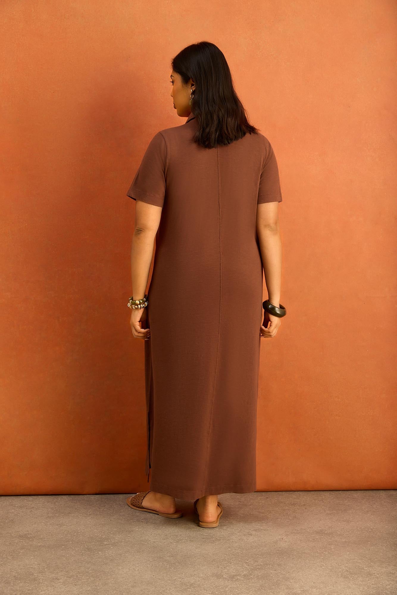 Brown Collar Neck Jersey Midi Dress