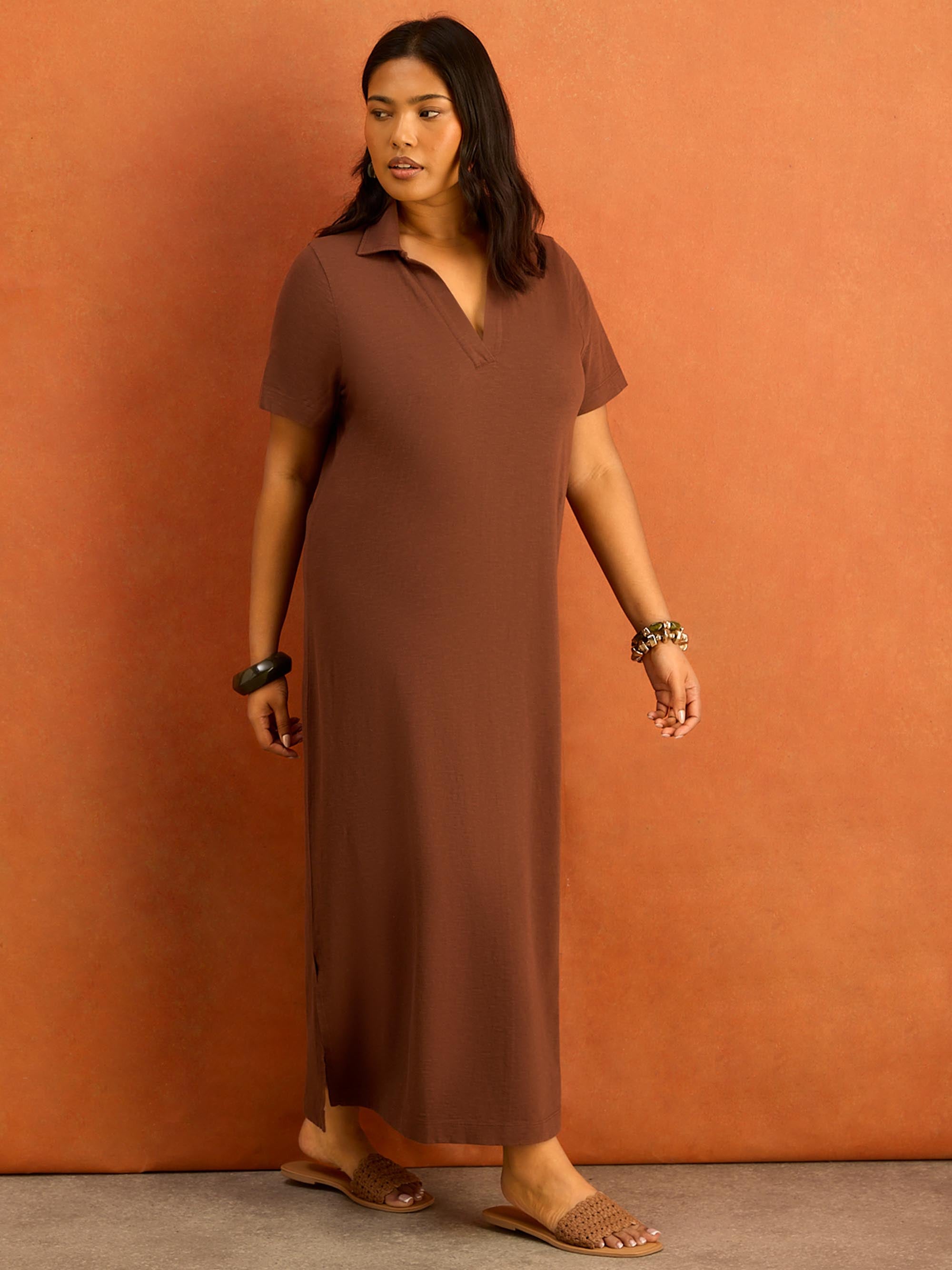 Brown Collar Neck Jersey Midi Dress