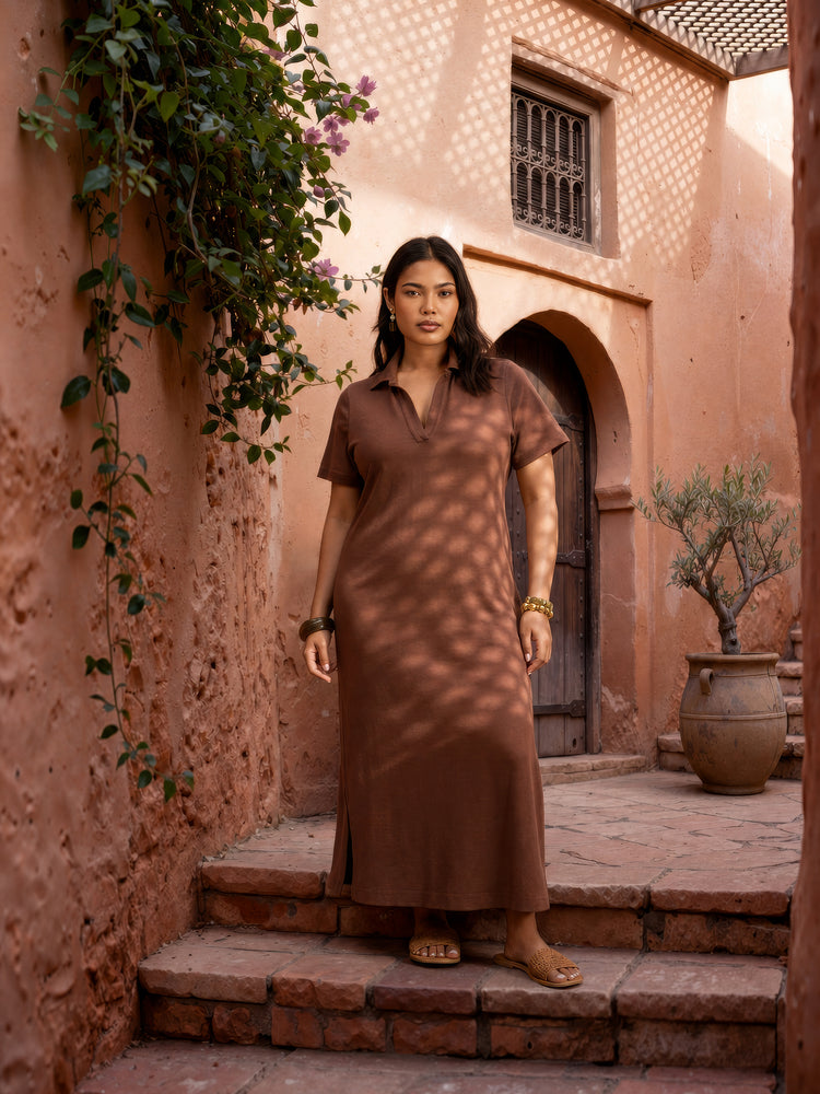 Chocolate Brown Slub Jersey Polo Collared Midi Dress