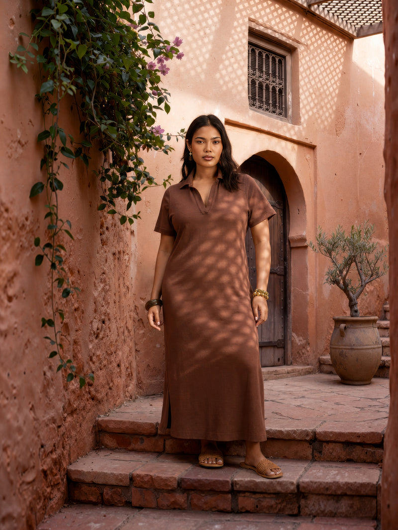 Chocolate Brown Slub Jersey Polo Collared Midi Dress