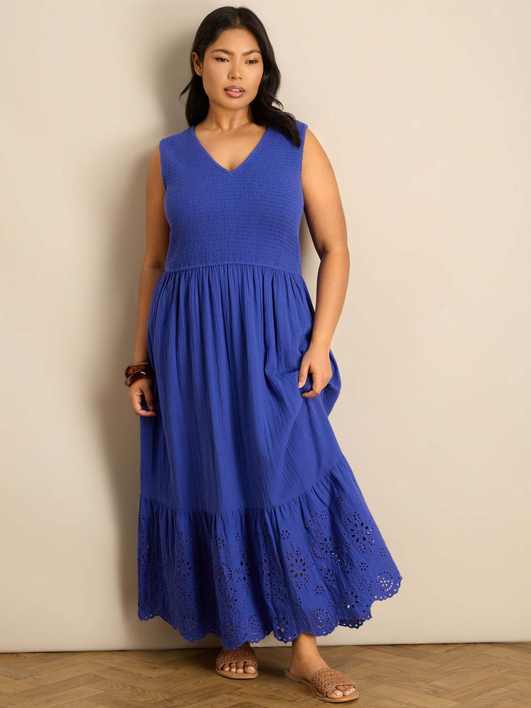 Blue Cheesecloth Shirred Bodice Broderie Hem Maxi Dress