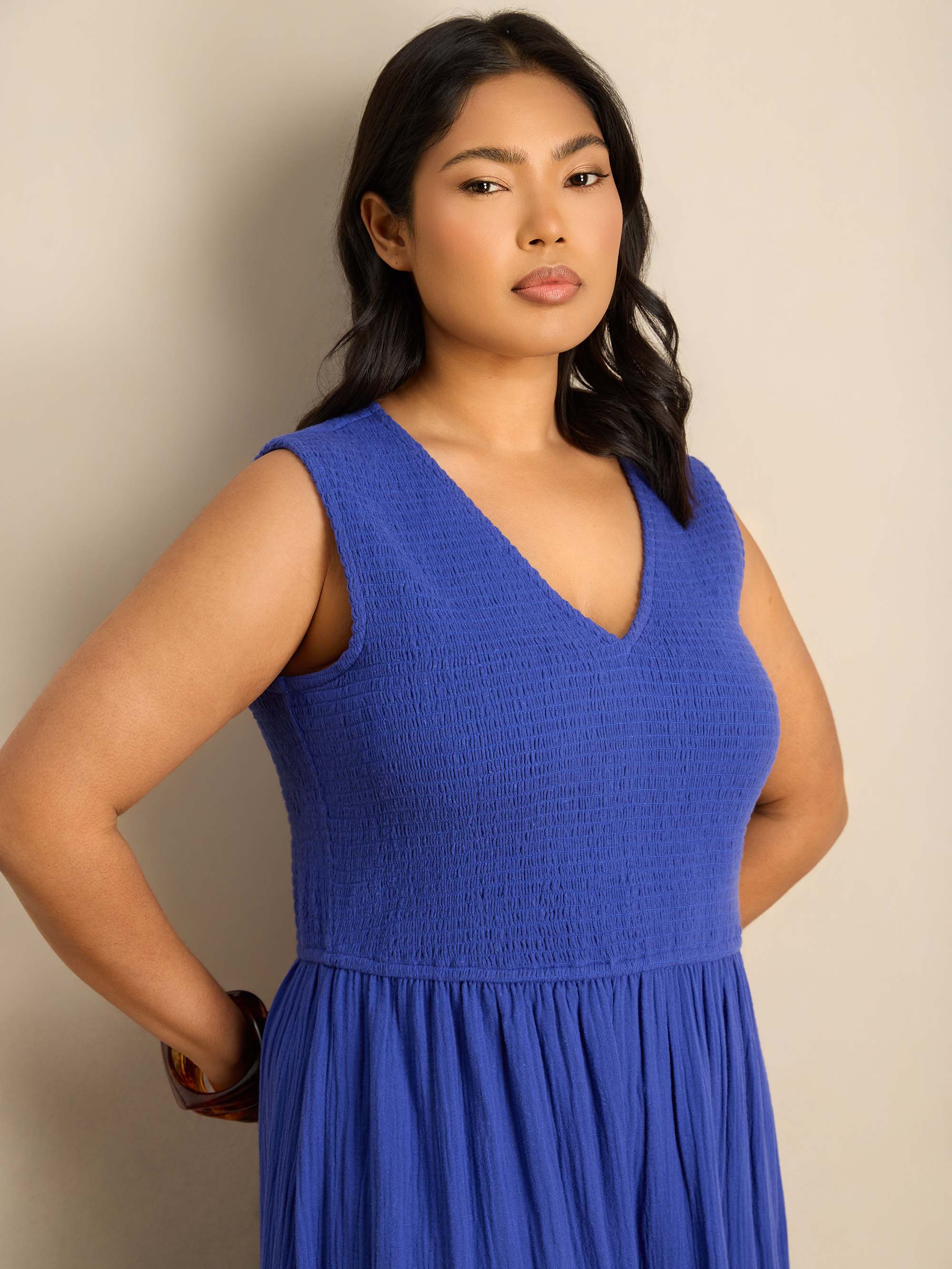 Blue Cheesecloth Shirred Bodice Broderie Hem Maxi Dress