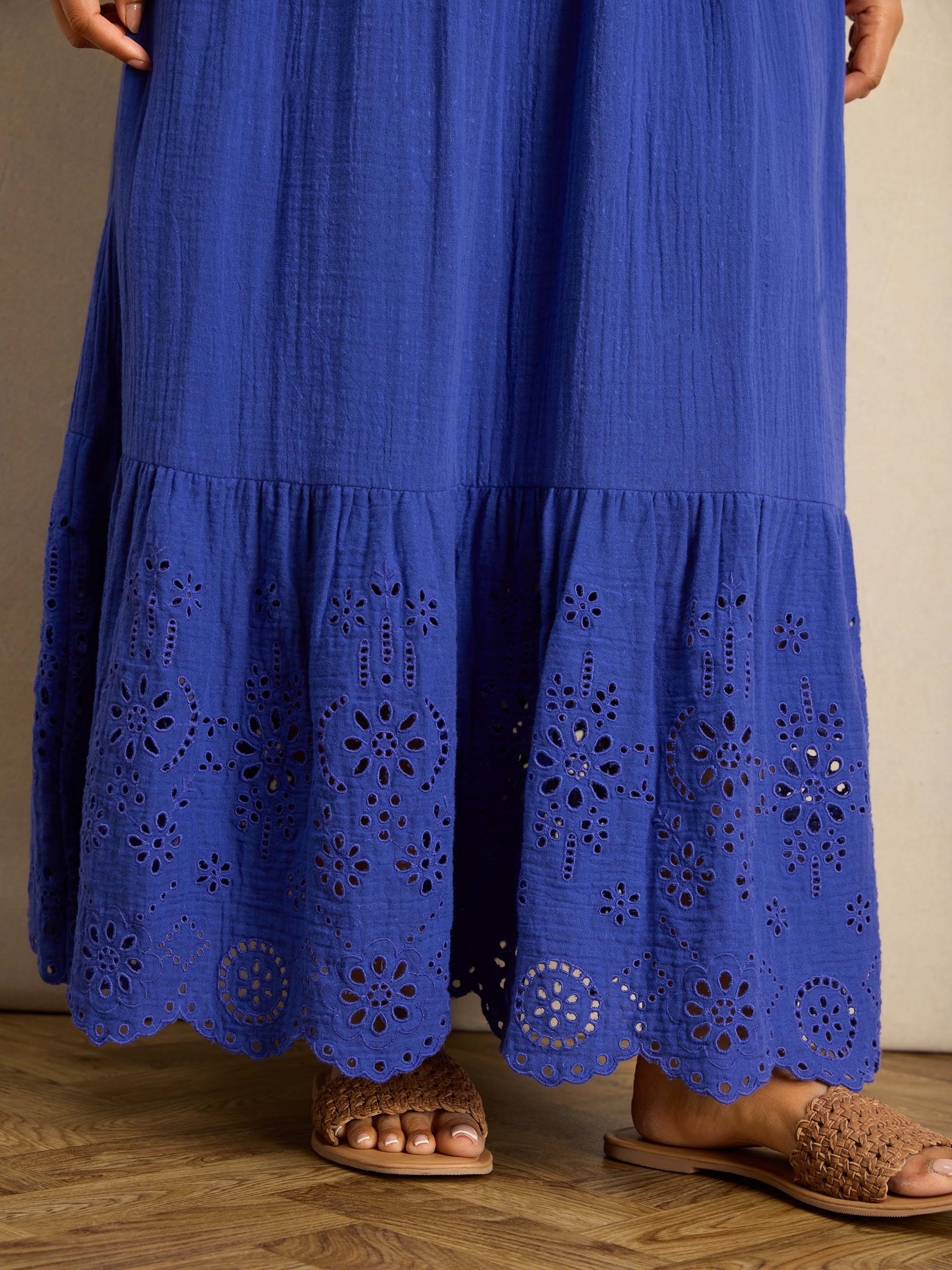 Blue Cheesecloth Shirred Bodice Broderie Hem Maxi Dress