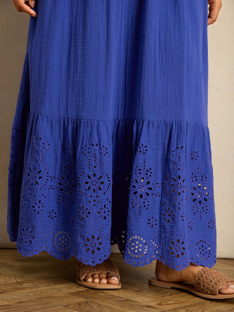 Blue Cheesecloth Shirred Bodice Broderie Hem Maxi Dress