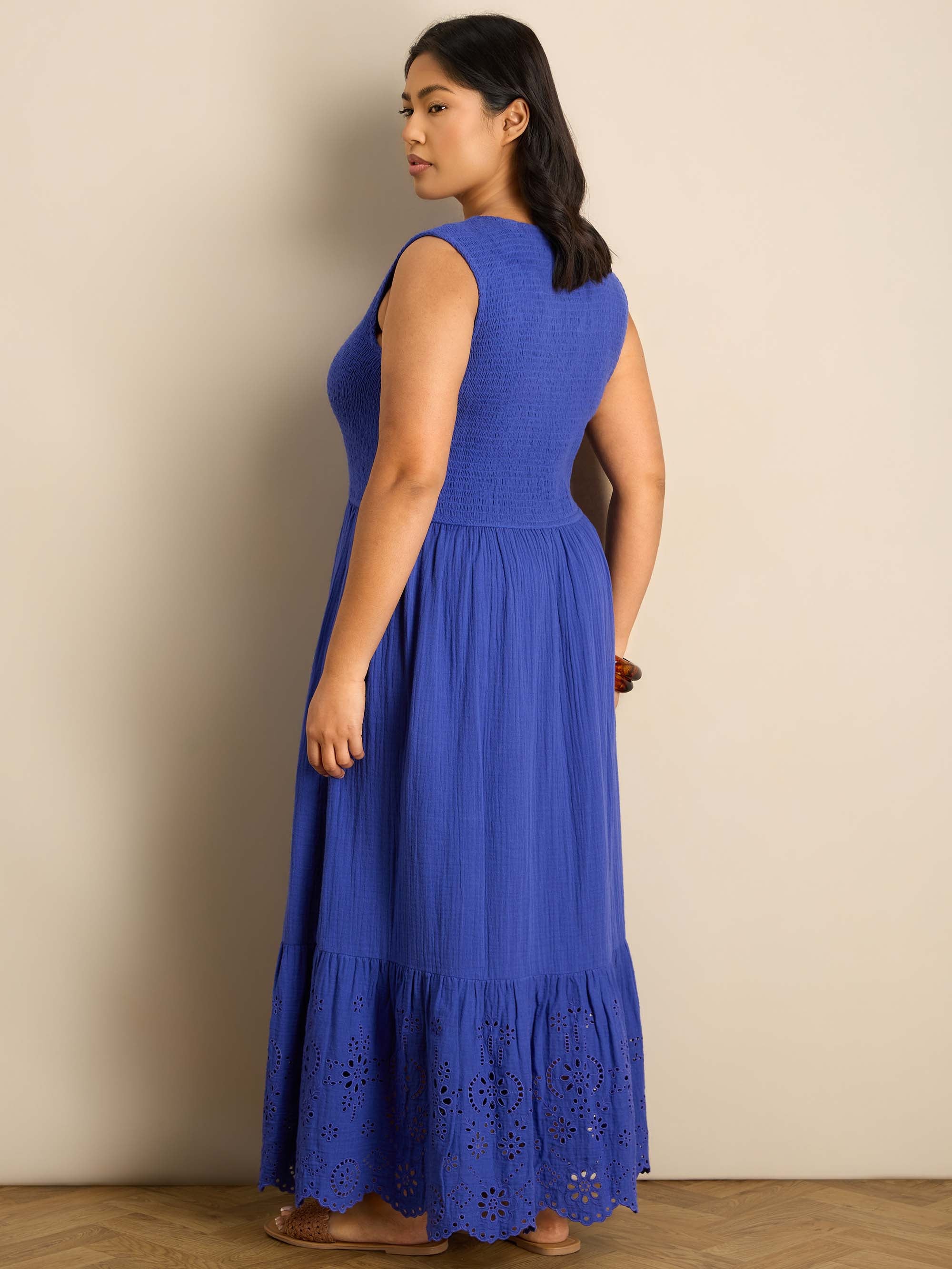 Blue Cheesecloth Shirred Bodice Broderie Hem Maxi Dress