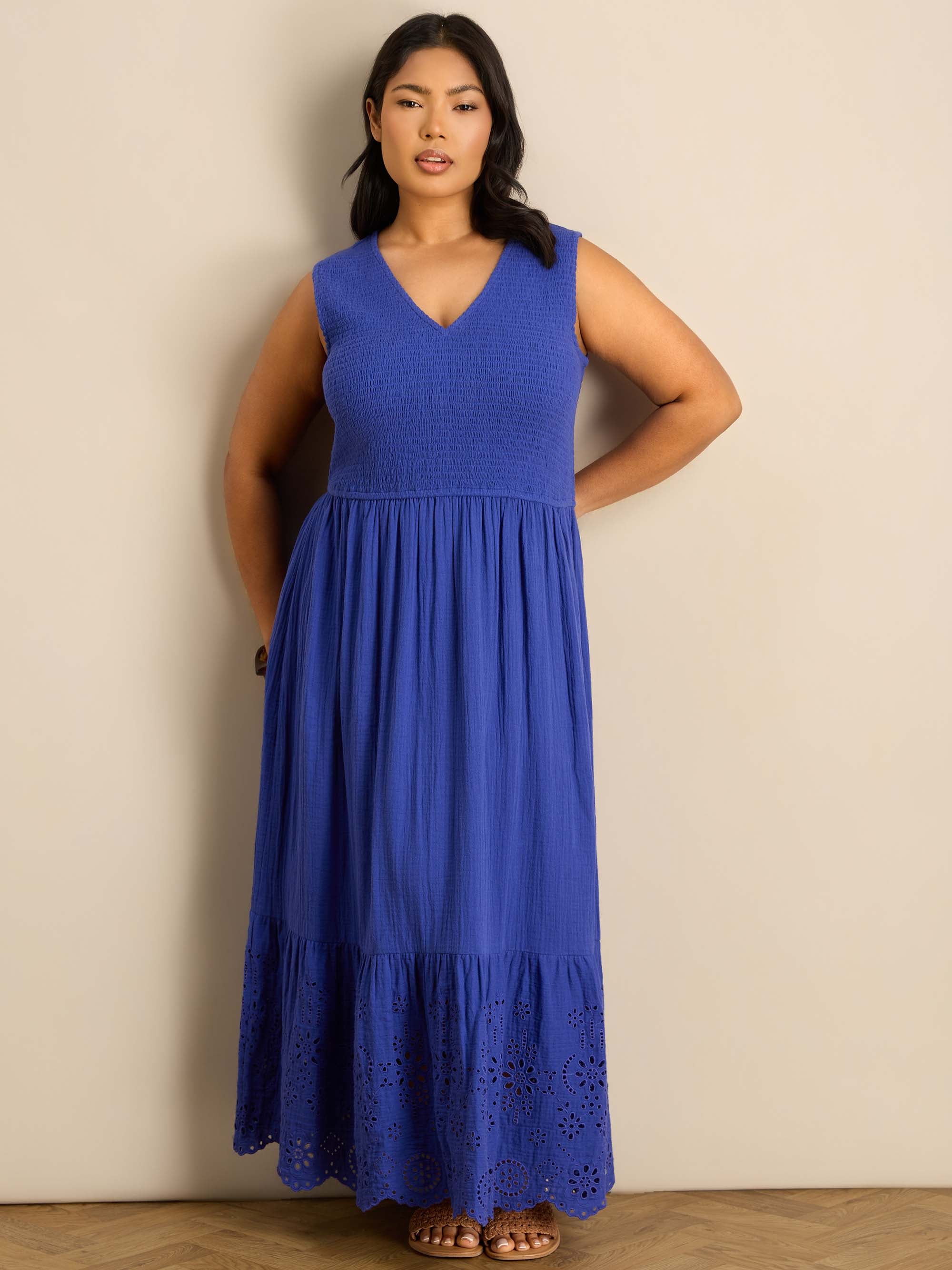 Blue Cheesecloth Shirred Bodice Broderie Hem Maxi Dress