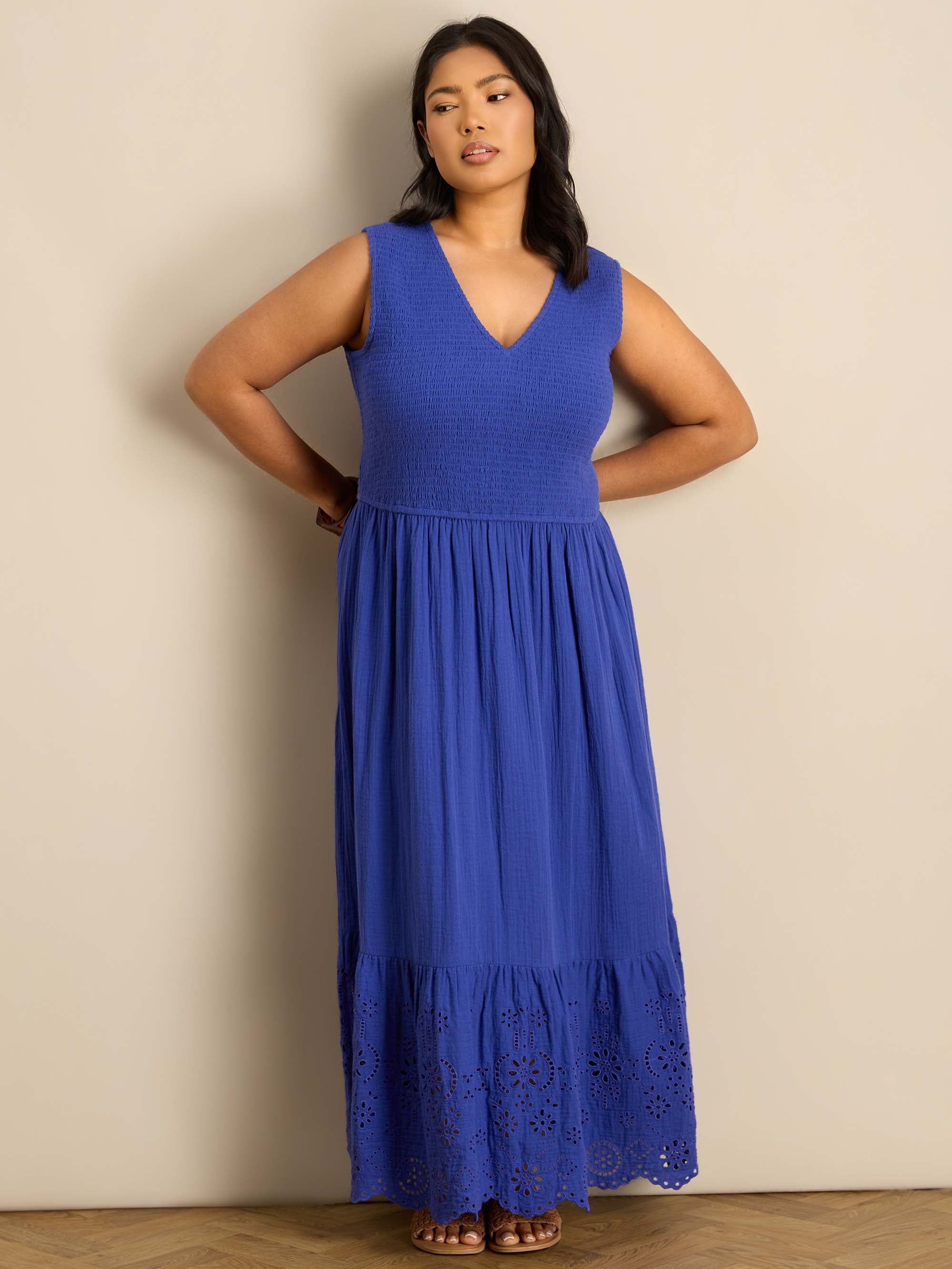 Blue Cheesecloth Shirred Bodice Broderie Hem Maxi Dress