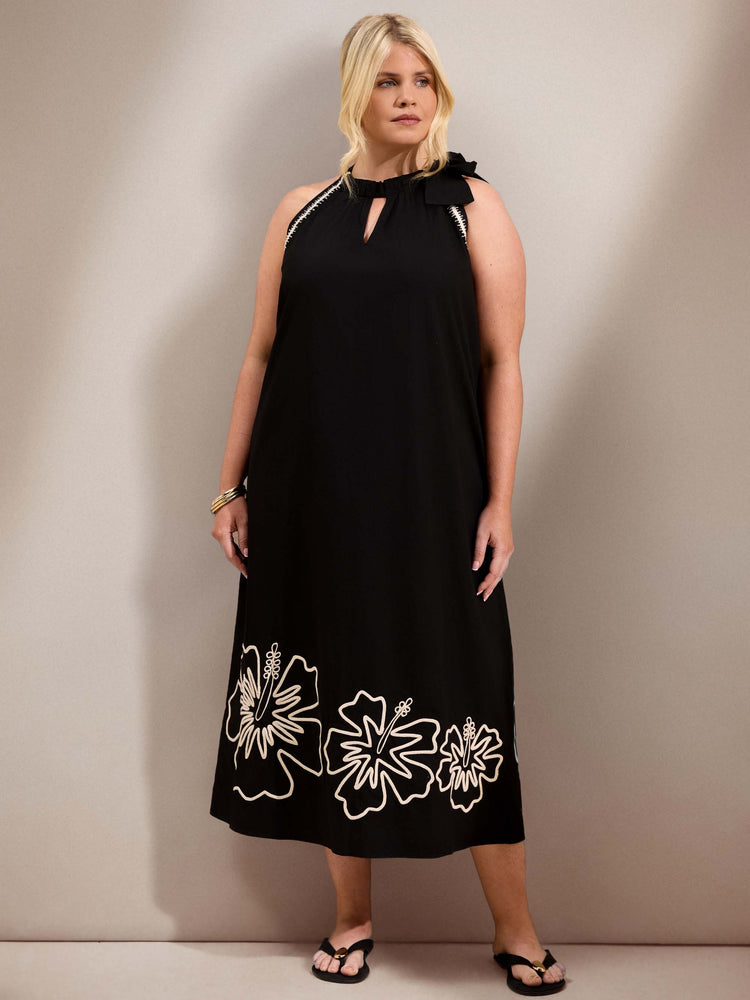 Black Contrast Embroidery Maxi Dress