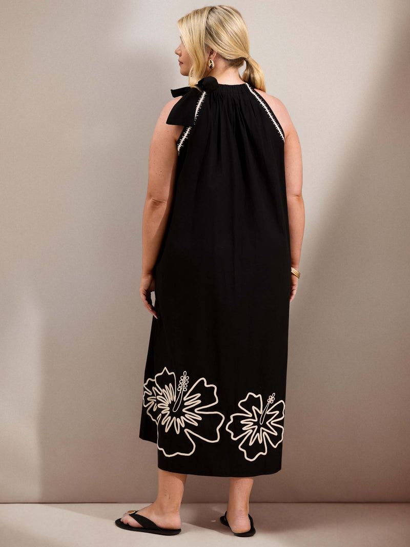 Black Contrast Embroidery Maxi Dress
