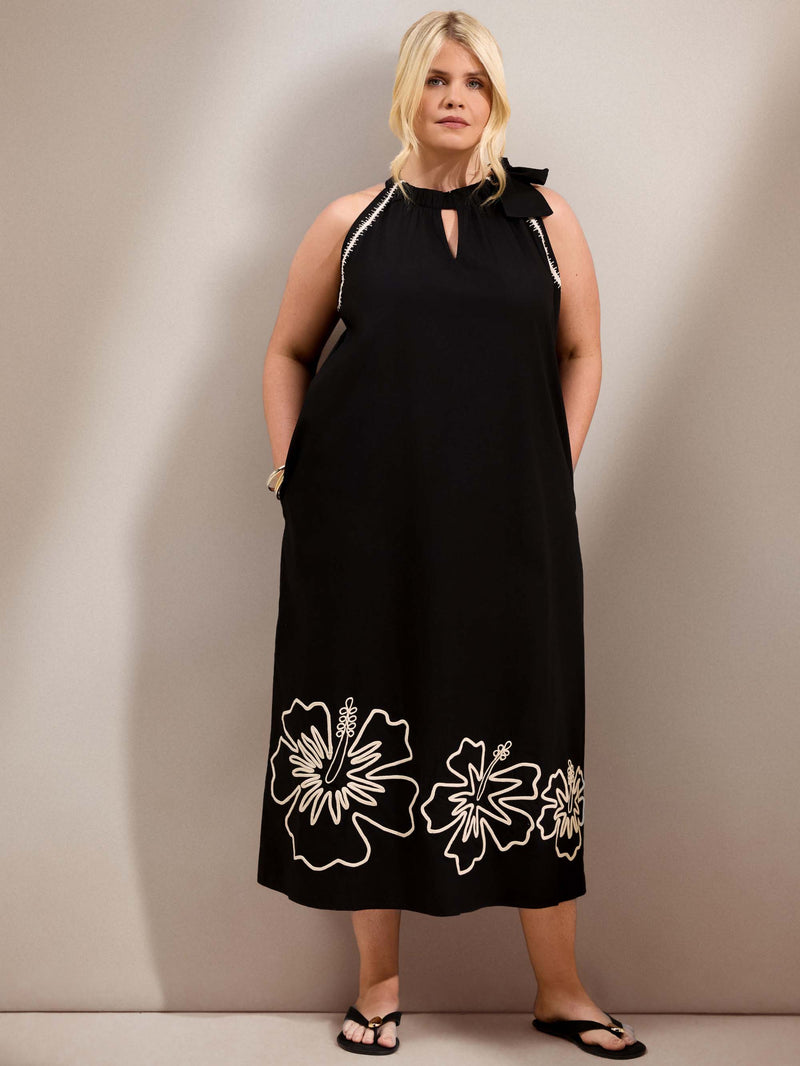 Black Contrast Embroidery Maxi Dress