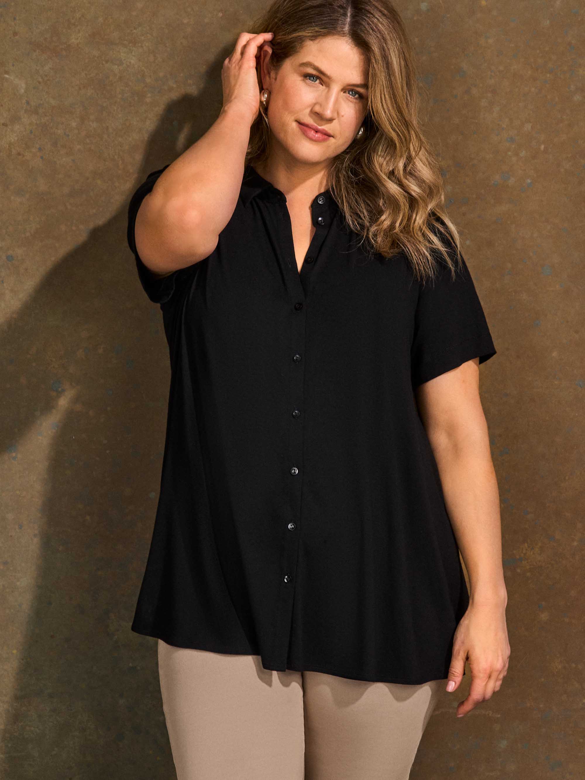 Black Button Through Short Sleeve Jersey Shirt