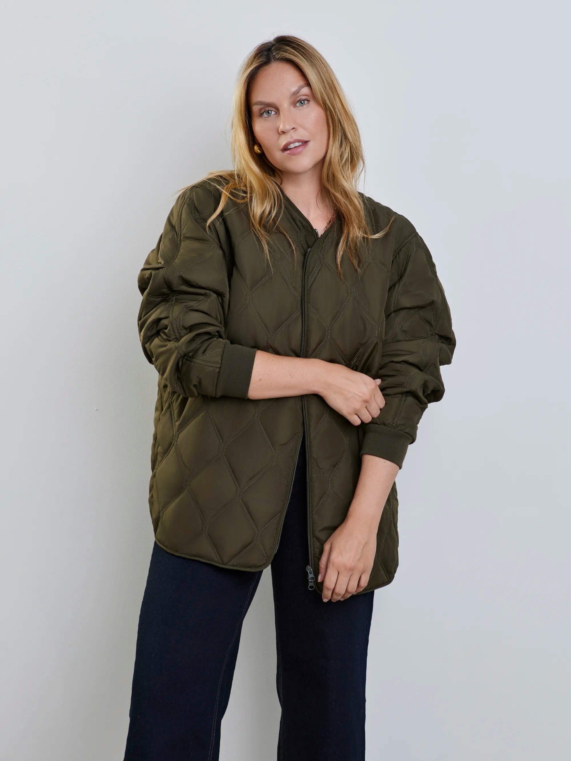 Plus size khaki quilted bomber jacket