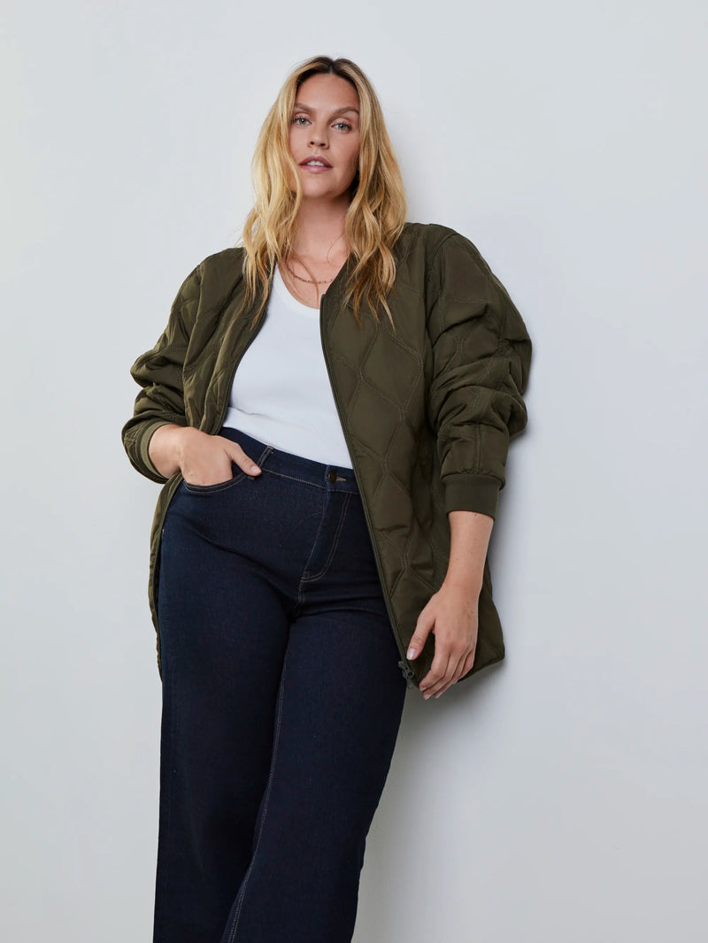Plus size khaki quilted bomber jacket