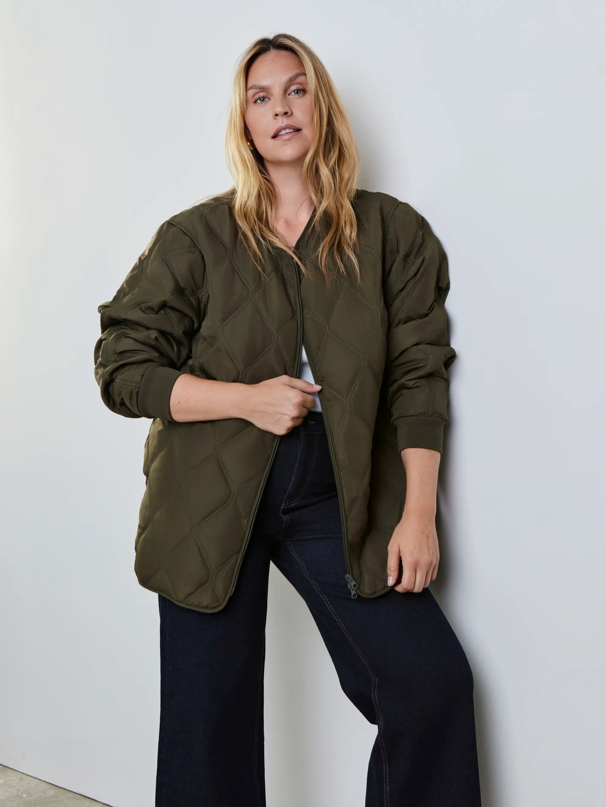 Plus size khaki quilted bomber jacket